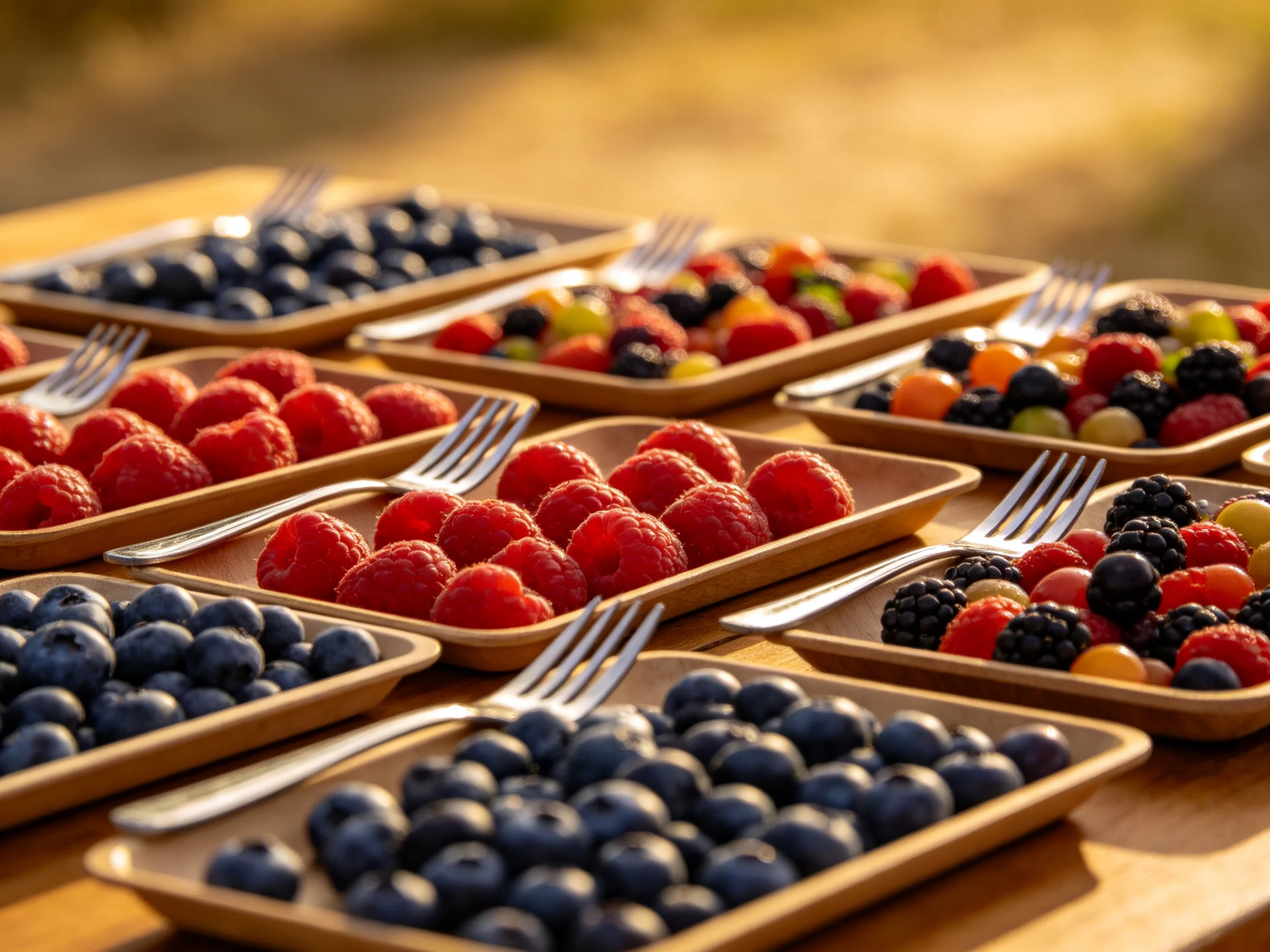 Multiple trays hold assorted fresh berries with forks on a wooden table
