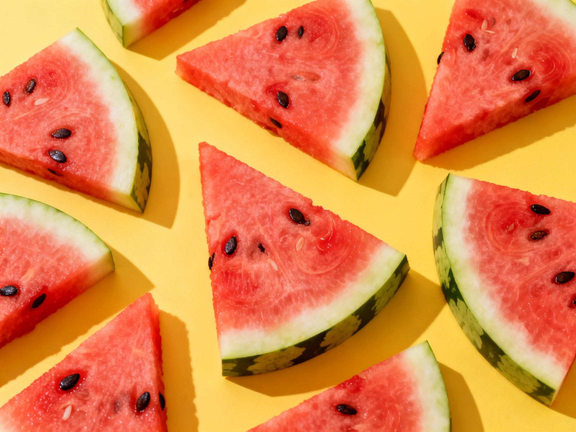 Multiple triangular watermelon slices arranged on a bright yellow surface