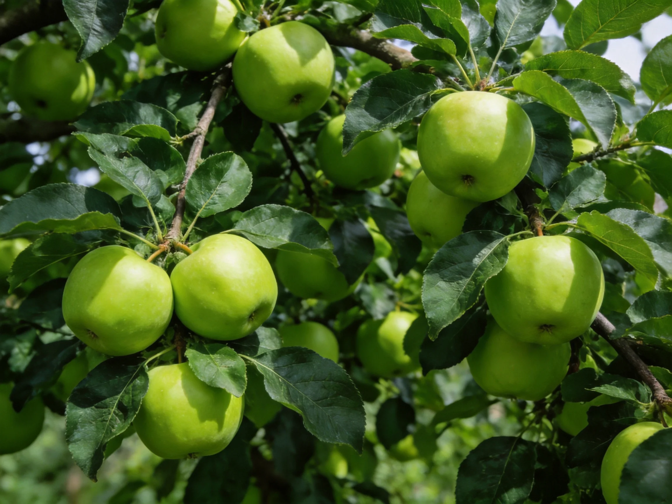 Multiple vibrant green apples hang from a leafy apple tree branch