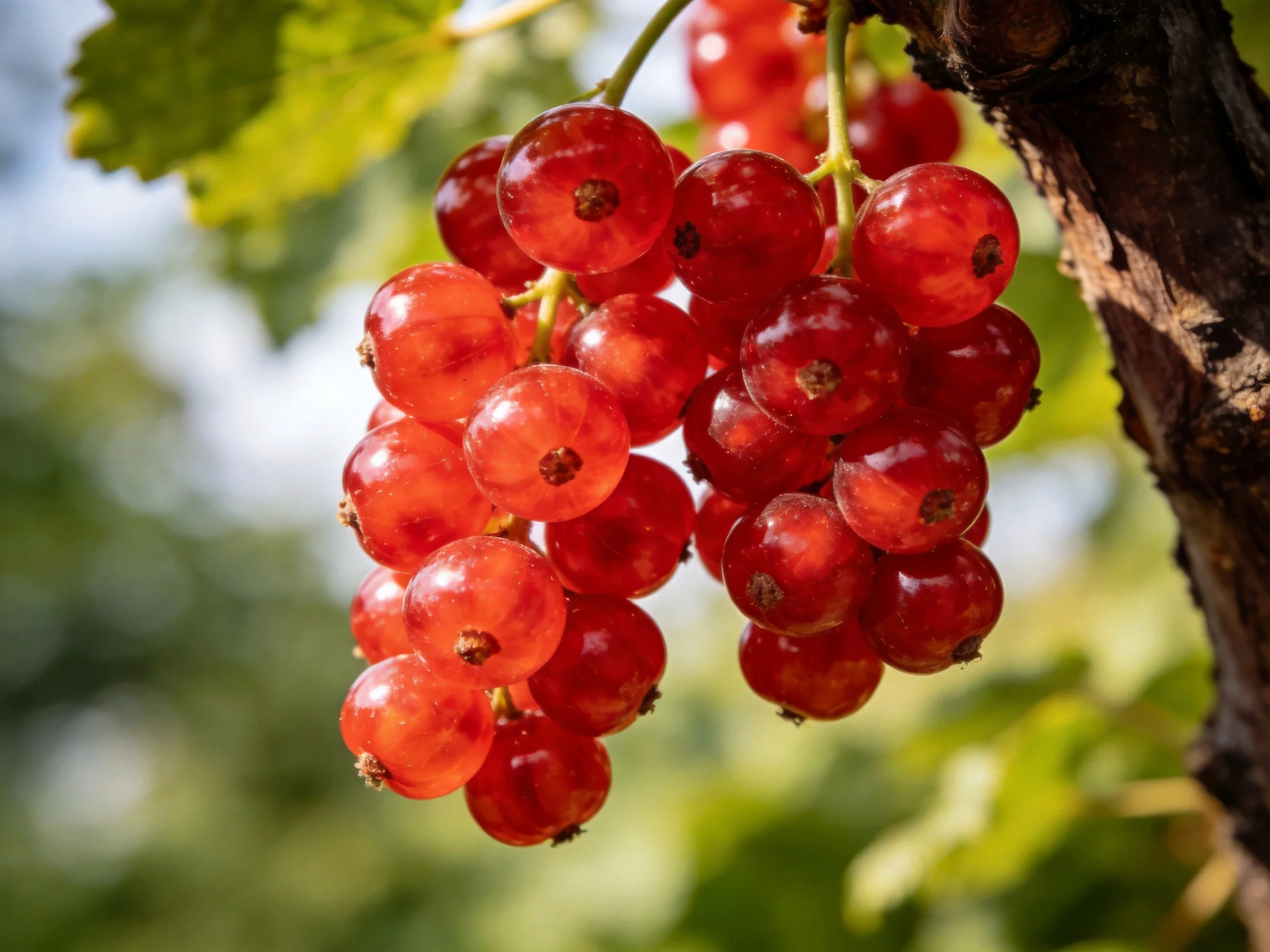 Multiple vibrant red currant clusters hang from a tree branch