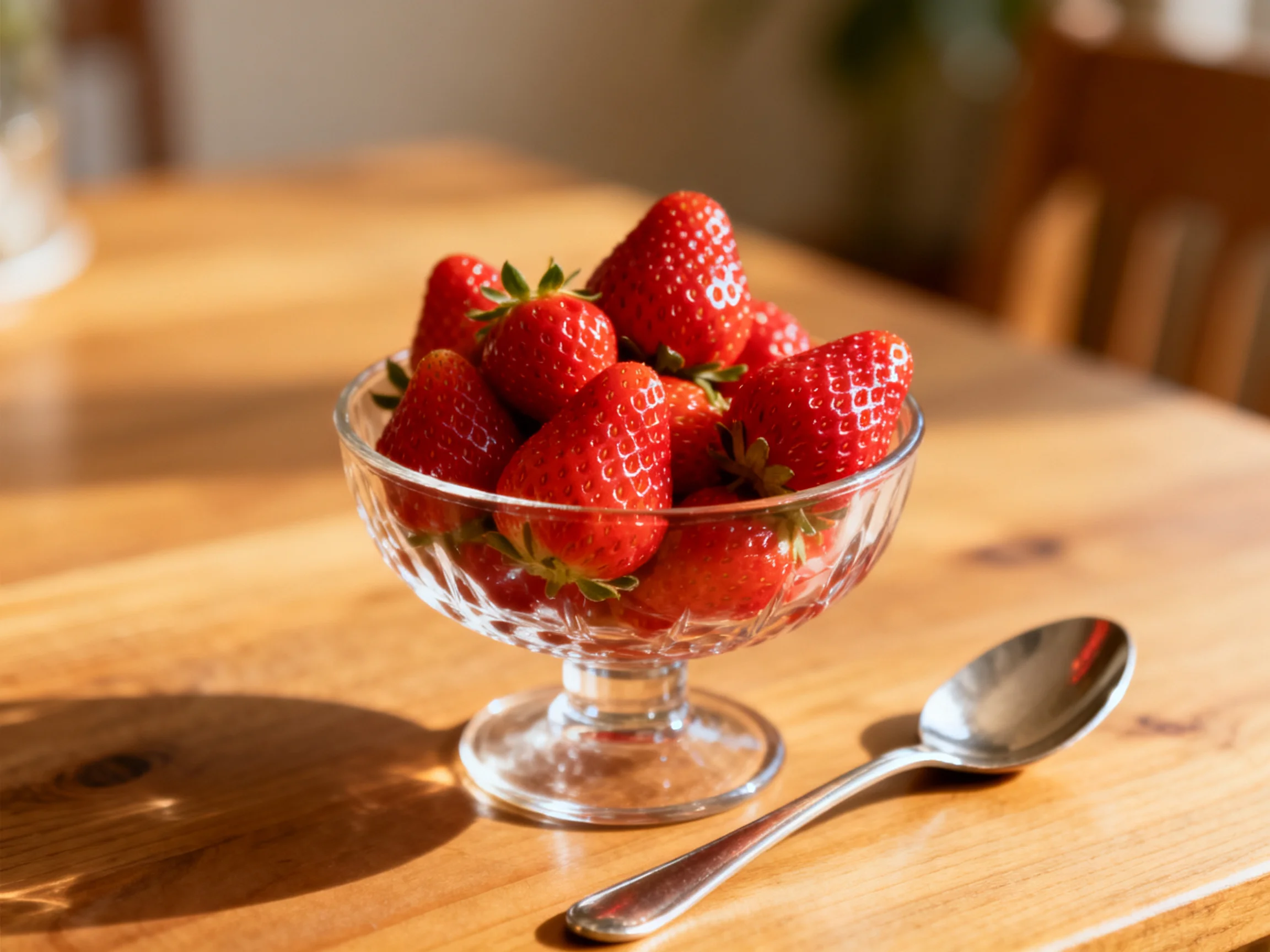 Multiple vibrant red strawberries fill a crystal bowl on a wooden table
