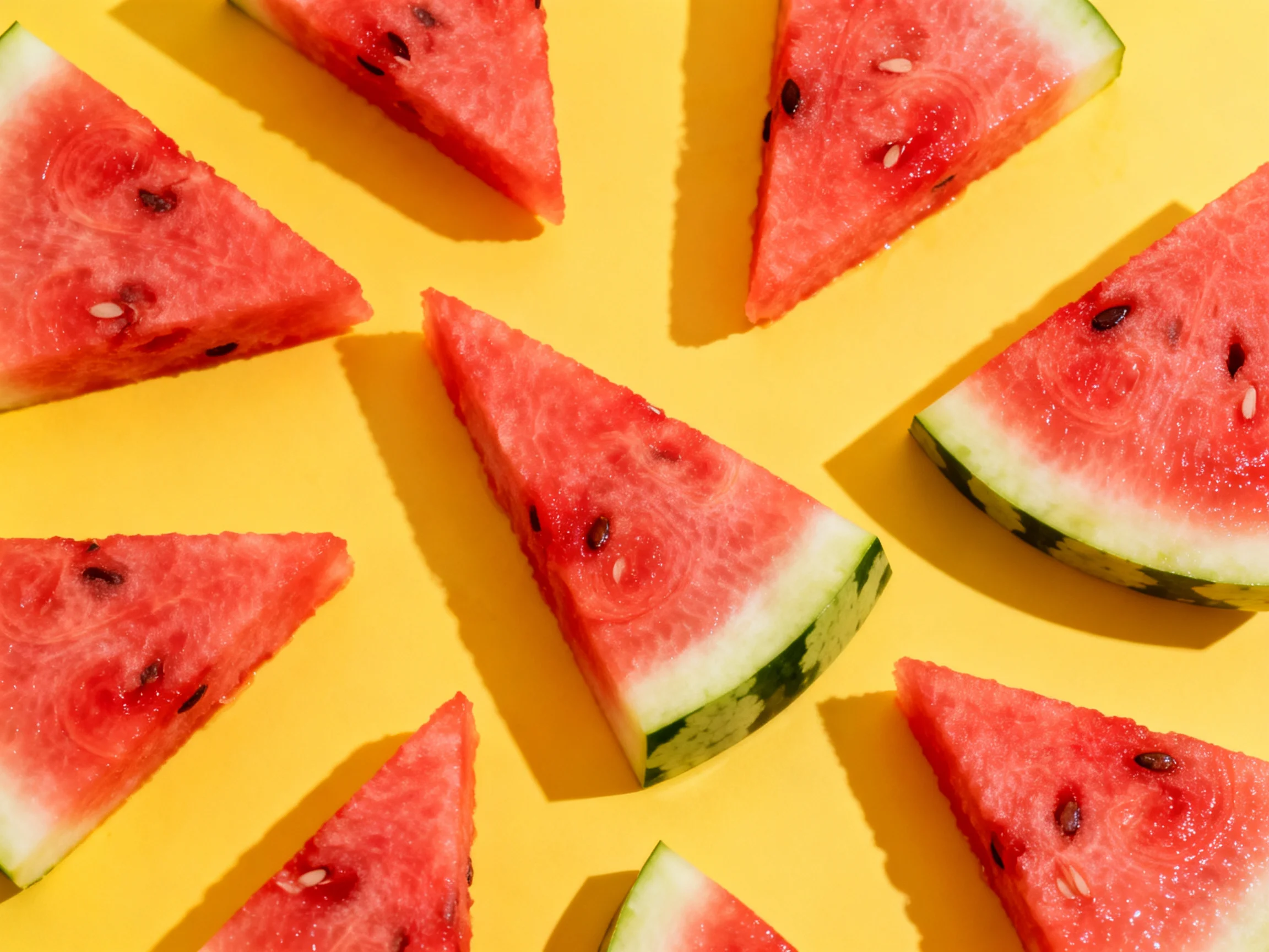 Multiple watermelon slices scattered across a bright yellow surface