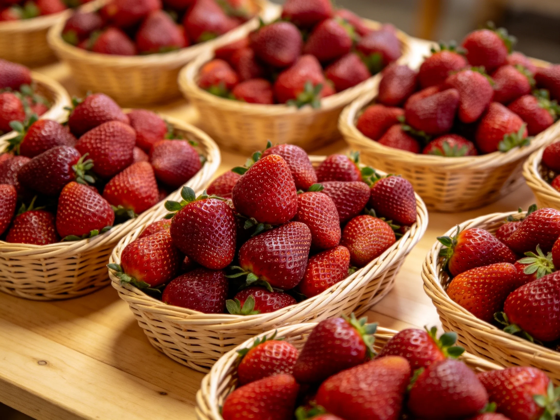 Multiple wicker baskets overflow with ripe red strawberries on a wooden table