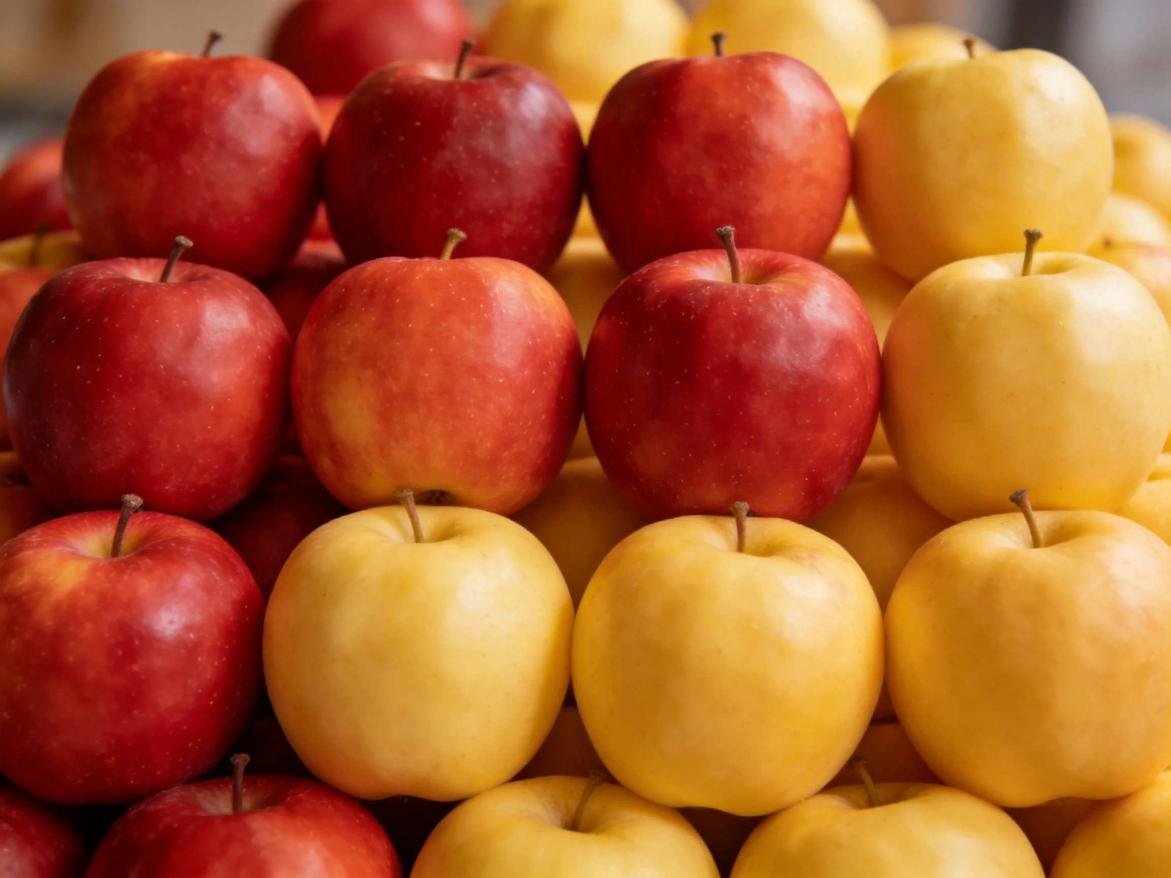 Neatly arranged rows of red and yellow apples display vibrant color contrasts