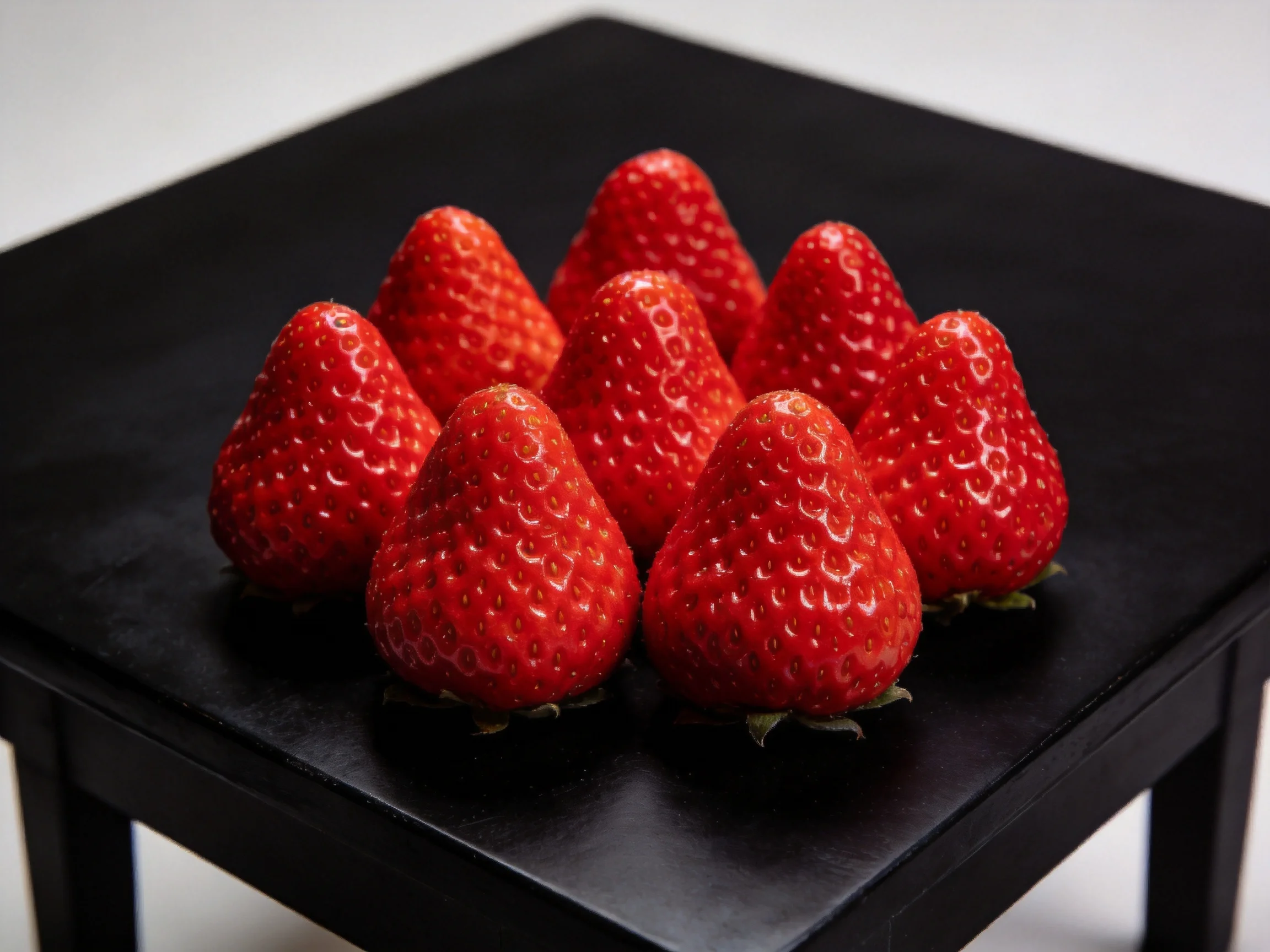 Nine glossy red strawberries arranged on a sleek black square table