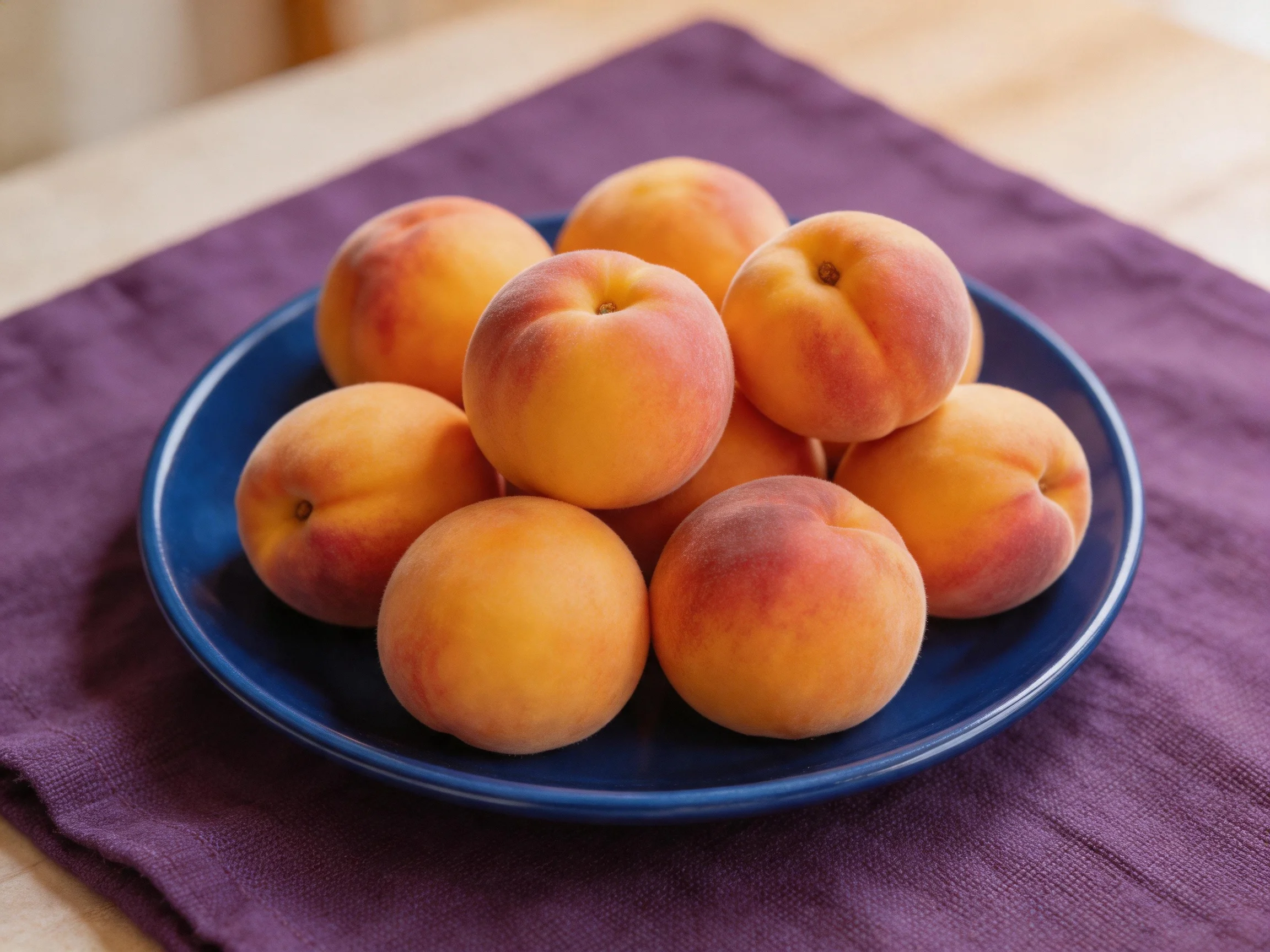 Nine ripe peaches in a blue bowl sit on a purple cloth