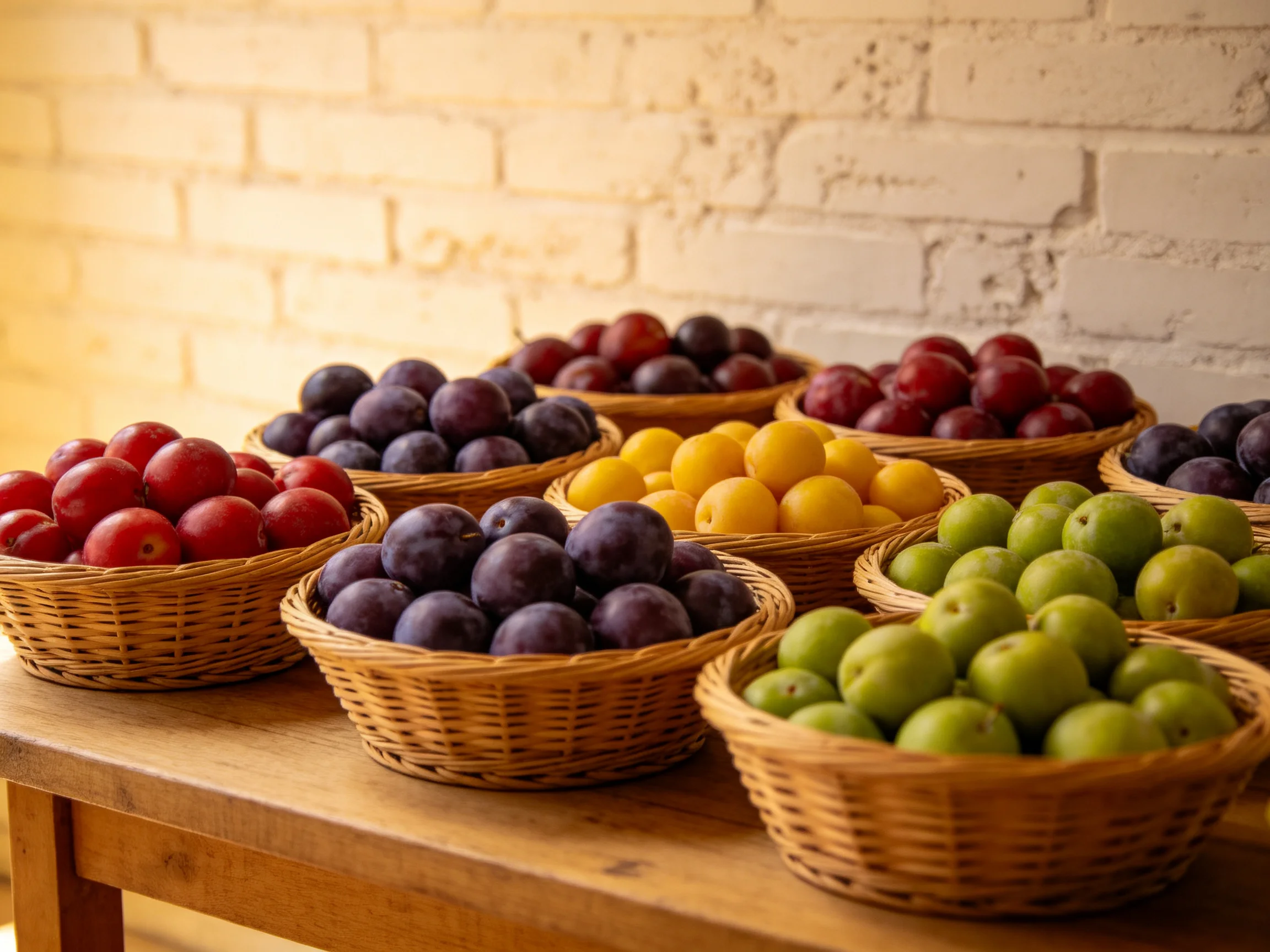 Nine wicker baskets showcase assorted colorful fruits.