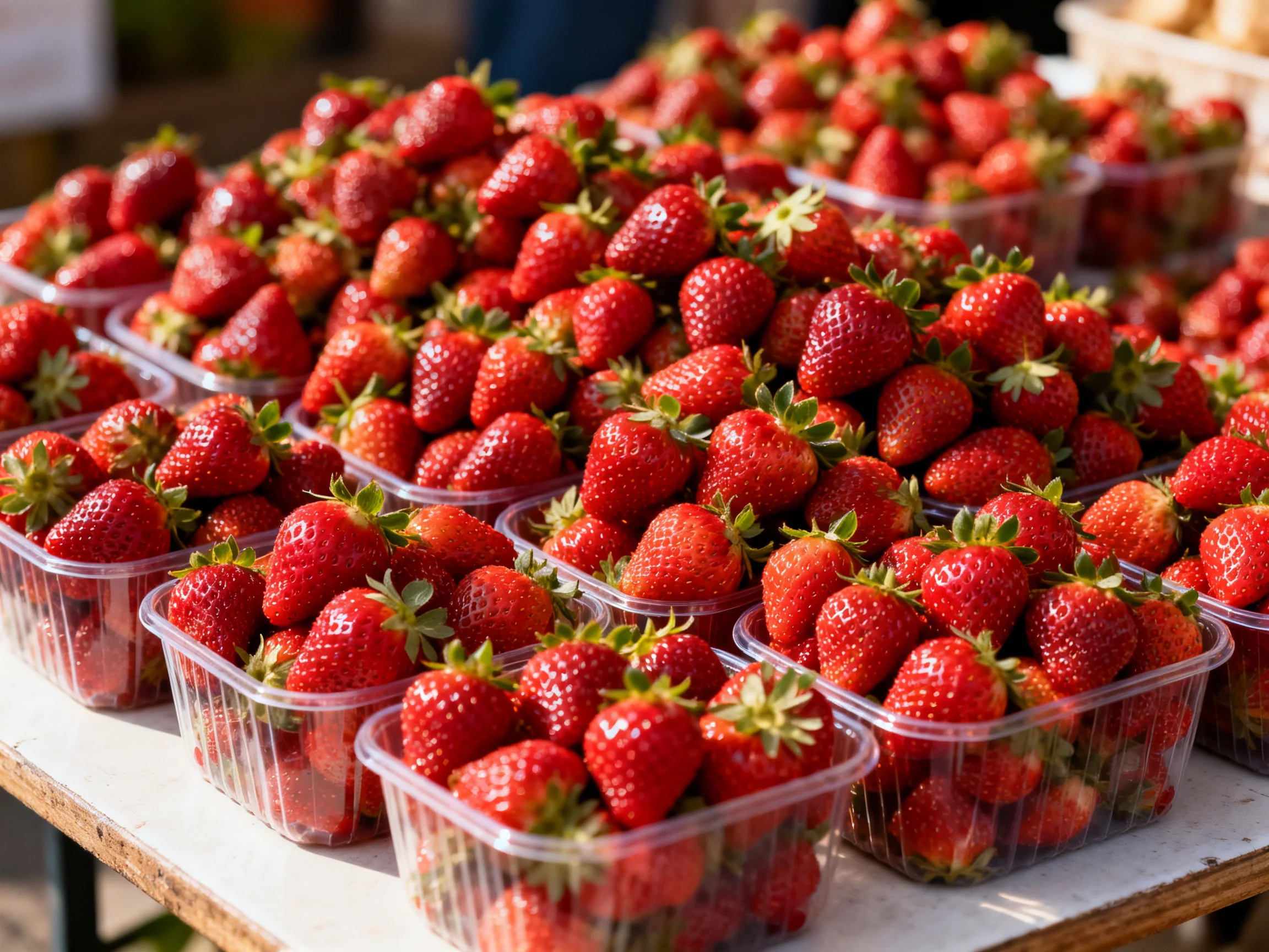 Numerous clear plastic containers overflow with plump, vibrant red strawberries