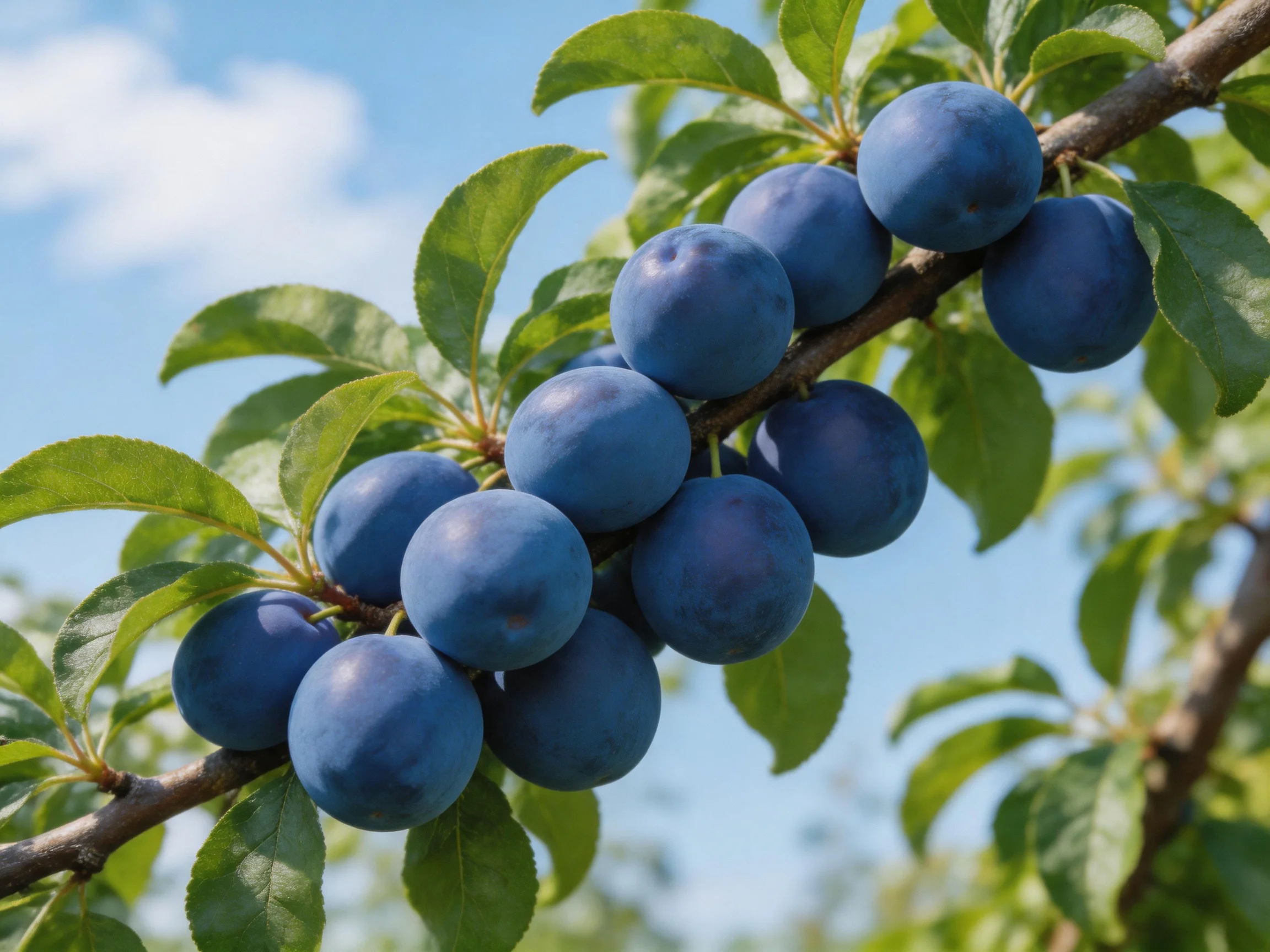 Numerous deep purple plums cluster on a tree branch