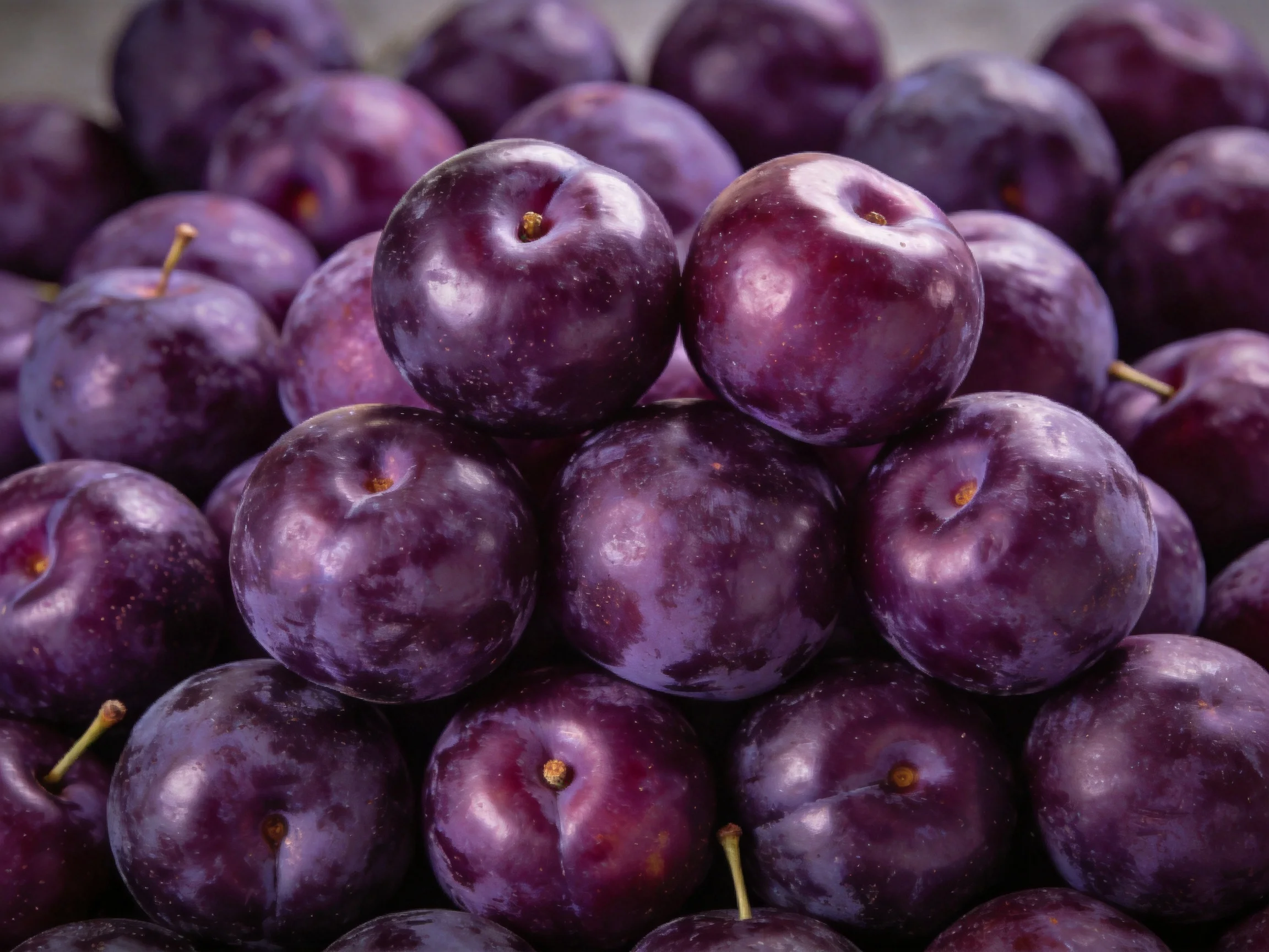 Numerous glossy deep-purple plums stacked in a dense arrangement