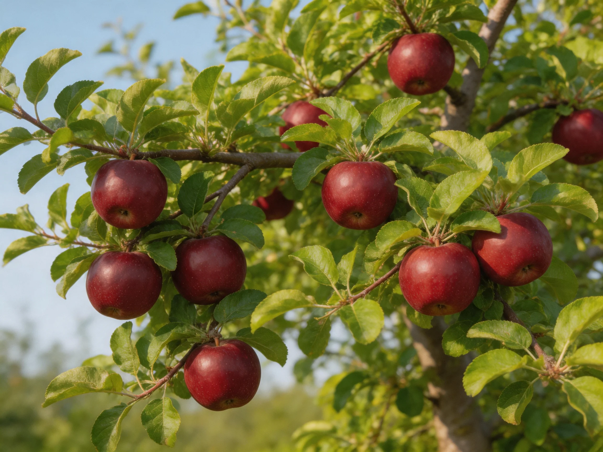 Numerous ripe red apples cluster among lush green leaves on an apple tree