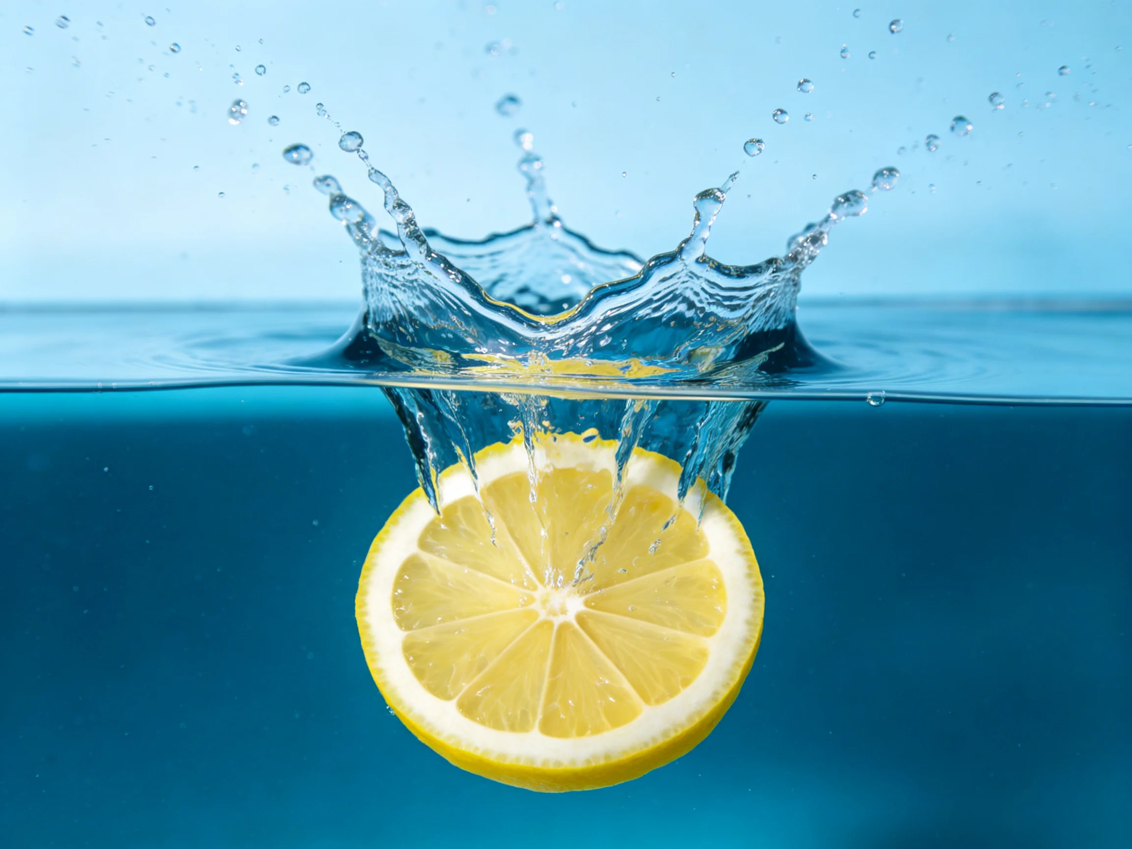 One bright yellow lemon slice splashing into clear blue water