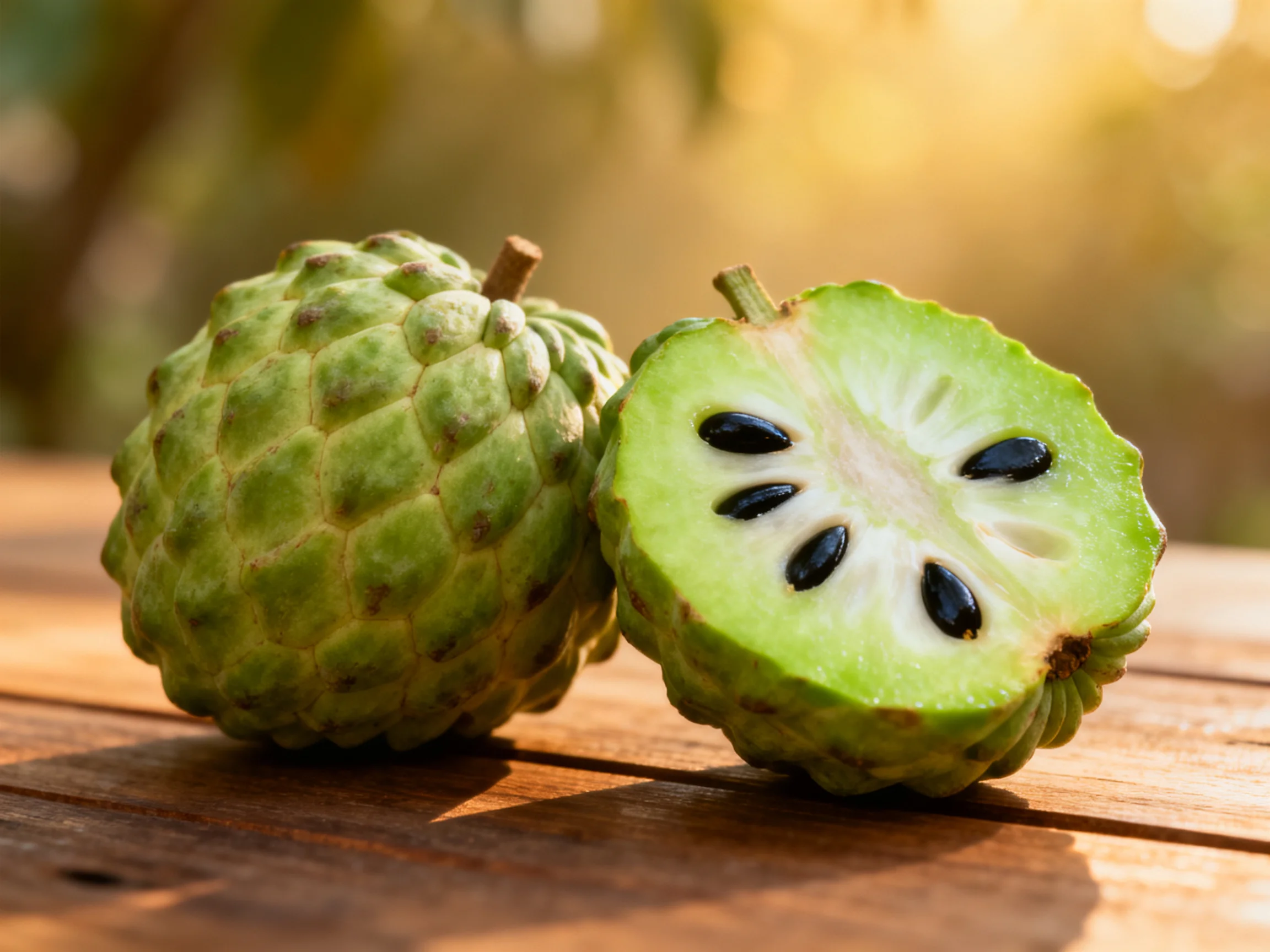 One whole and one halved green custard apple sit on a wooden table.