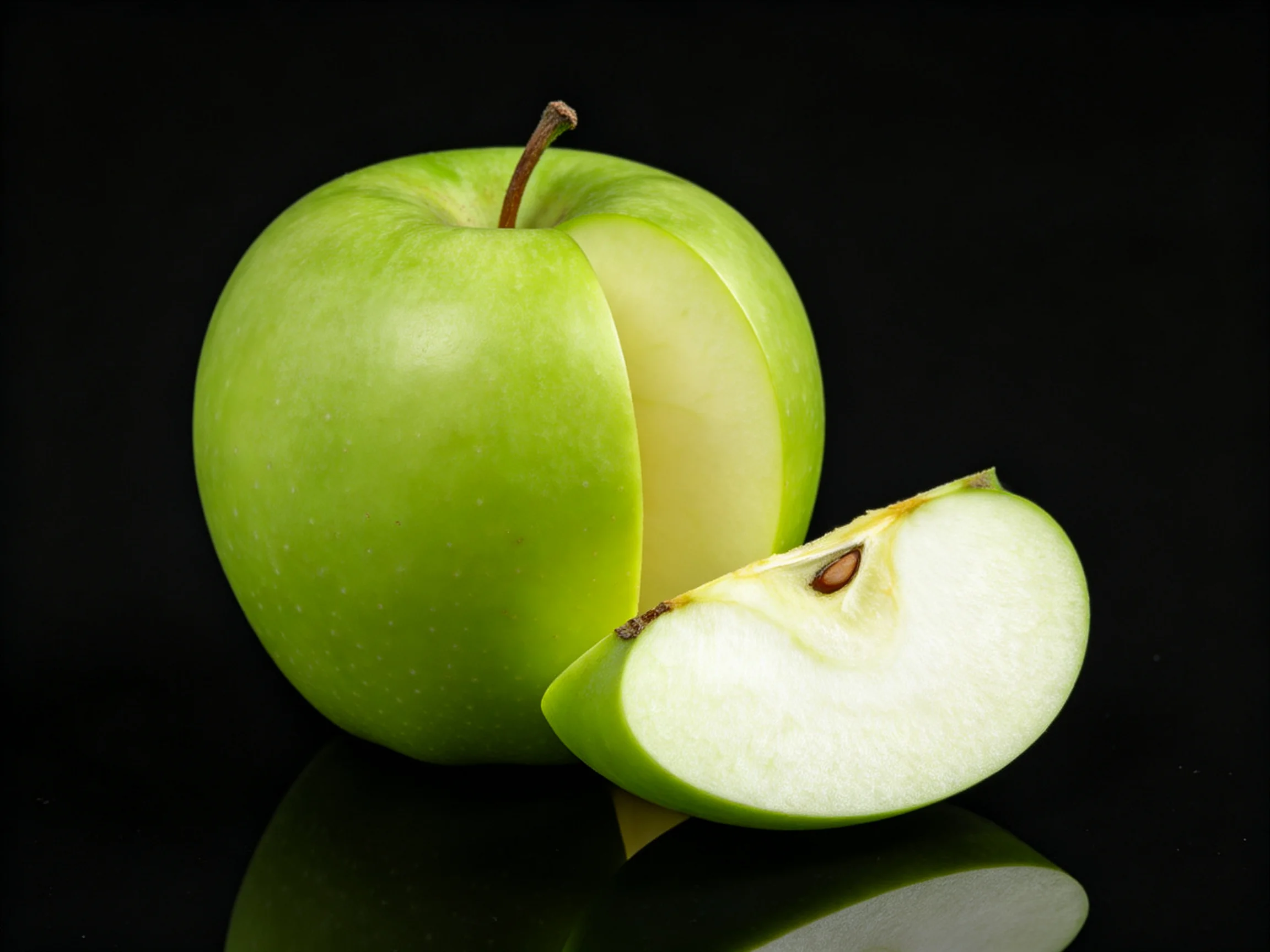 One whole and one slice of vibrant green apple on a black reflective surface