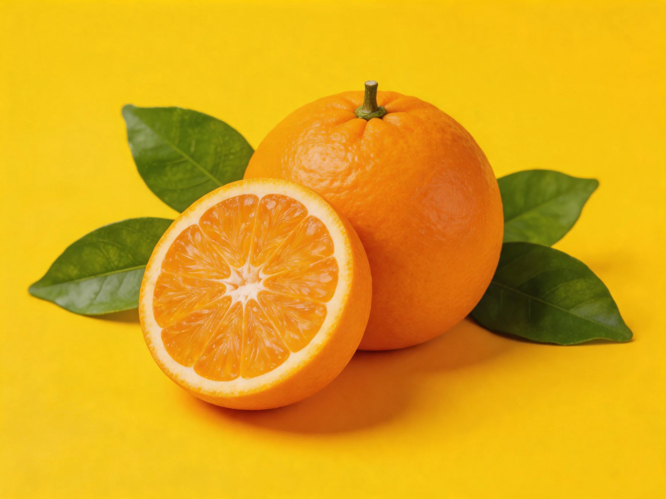 One whole orange and one halved orange with green leaves on a yellow background