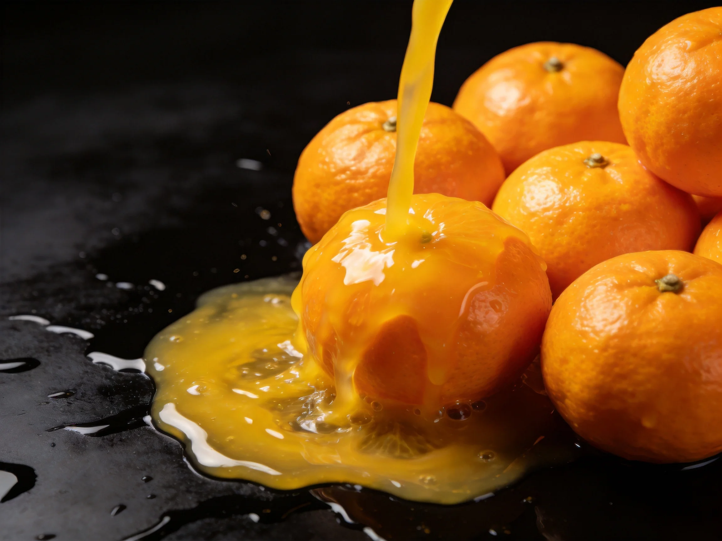 Orange juice being poured over fresh oranges on a glossy black surface