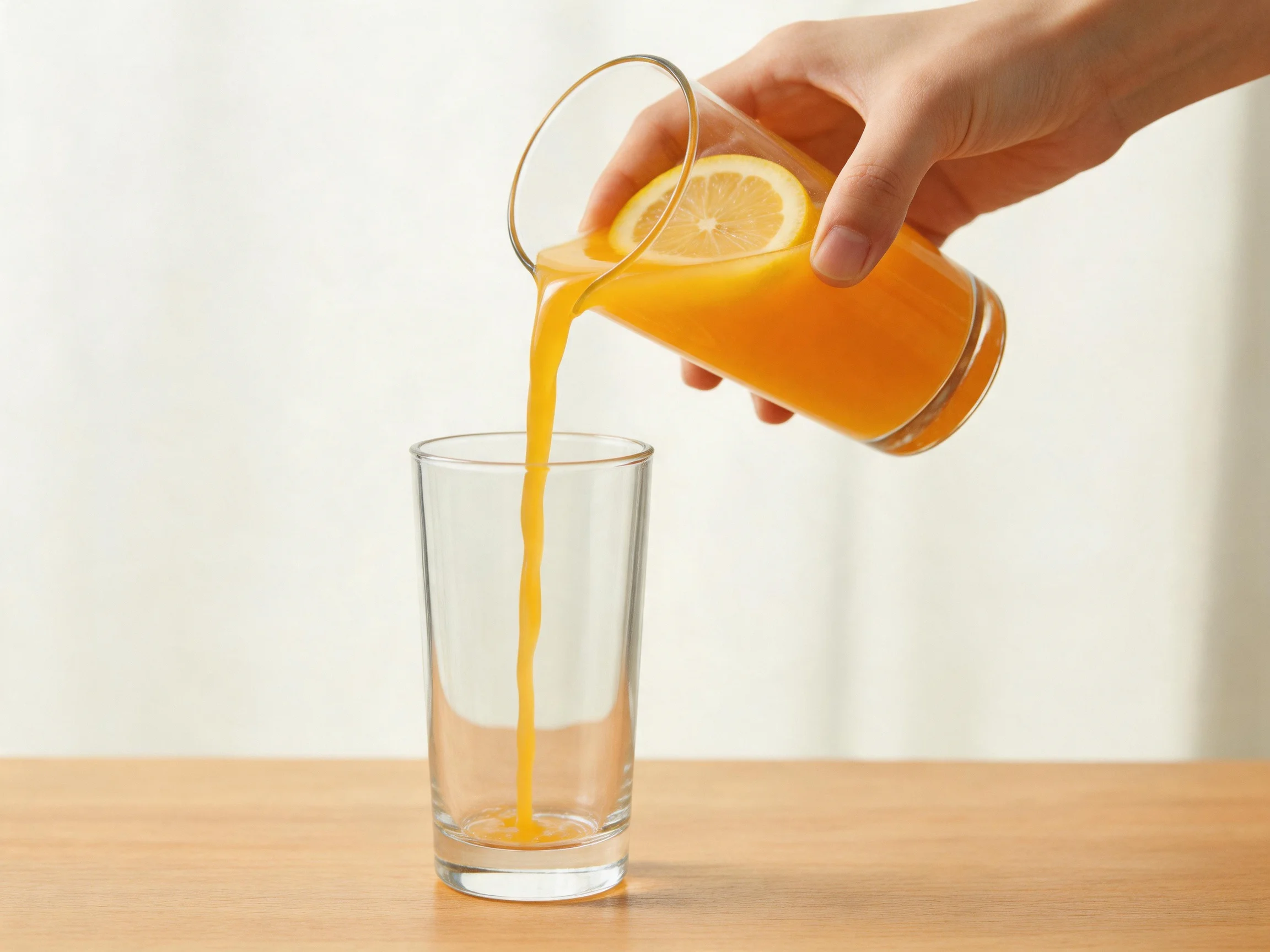Orange juice poured from a pitcher with a lemon slice into a clear glass