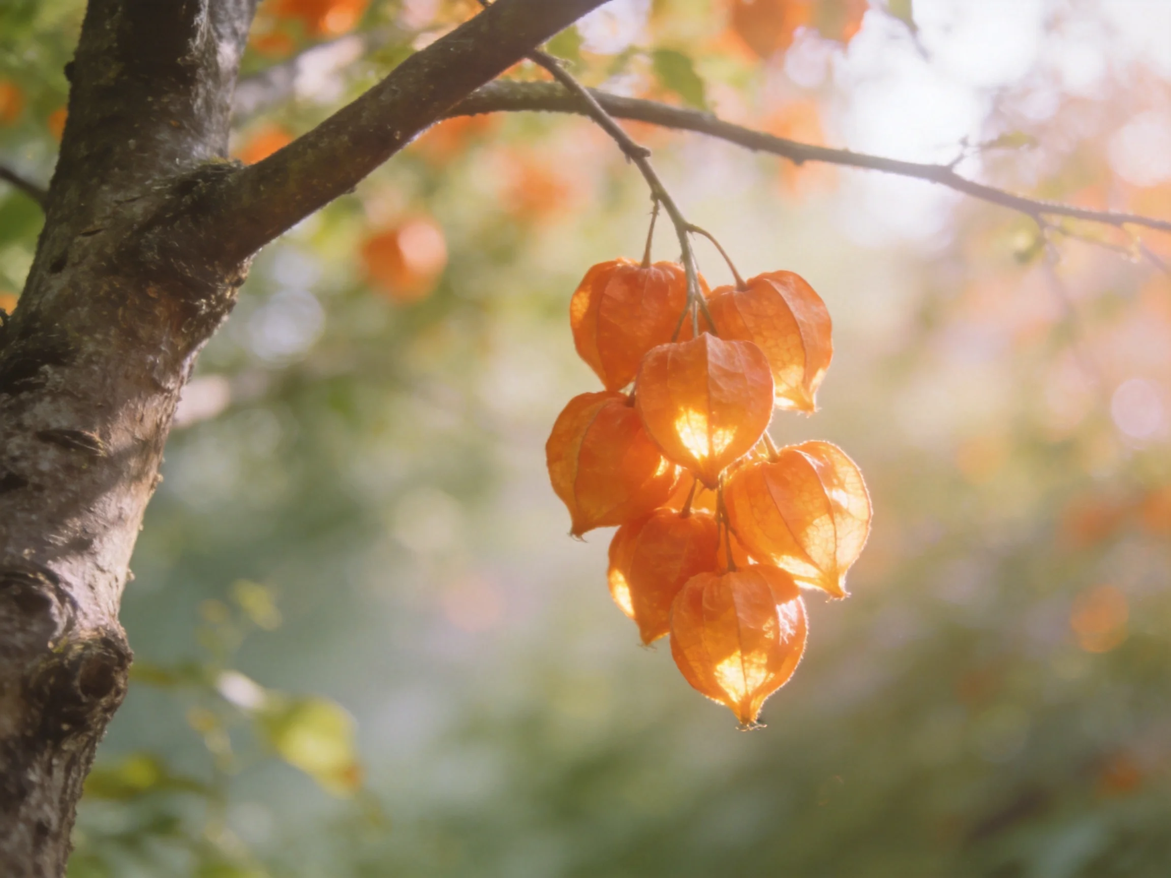 Orange physalis clusters hang from a gnarled tree branch in soft sunlight