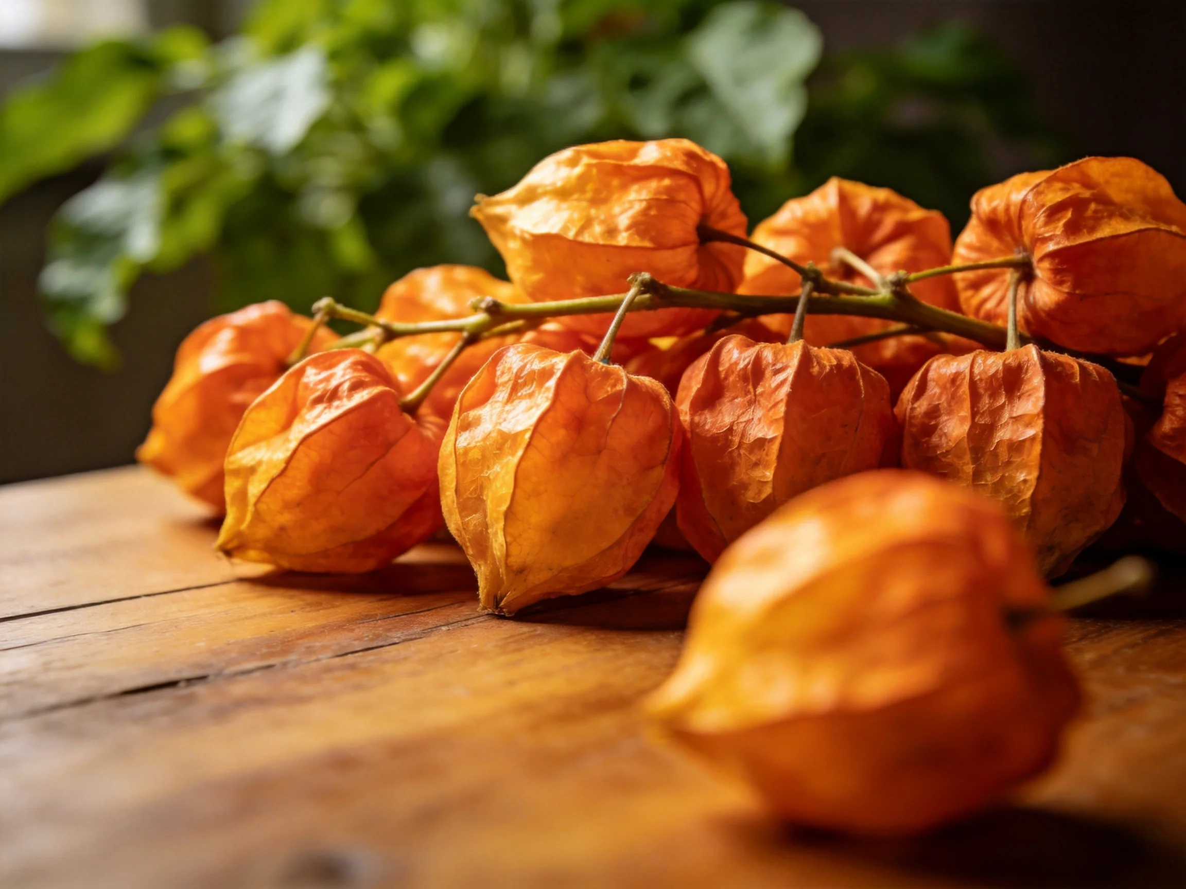 Orange physalis fruits arranged on a rustic wooden table with green foliage