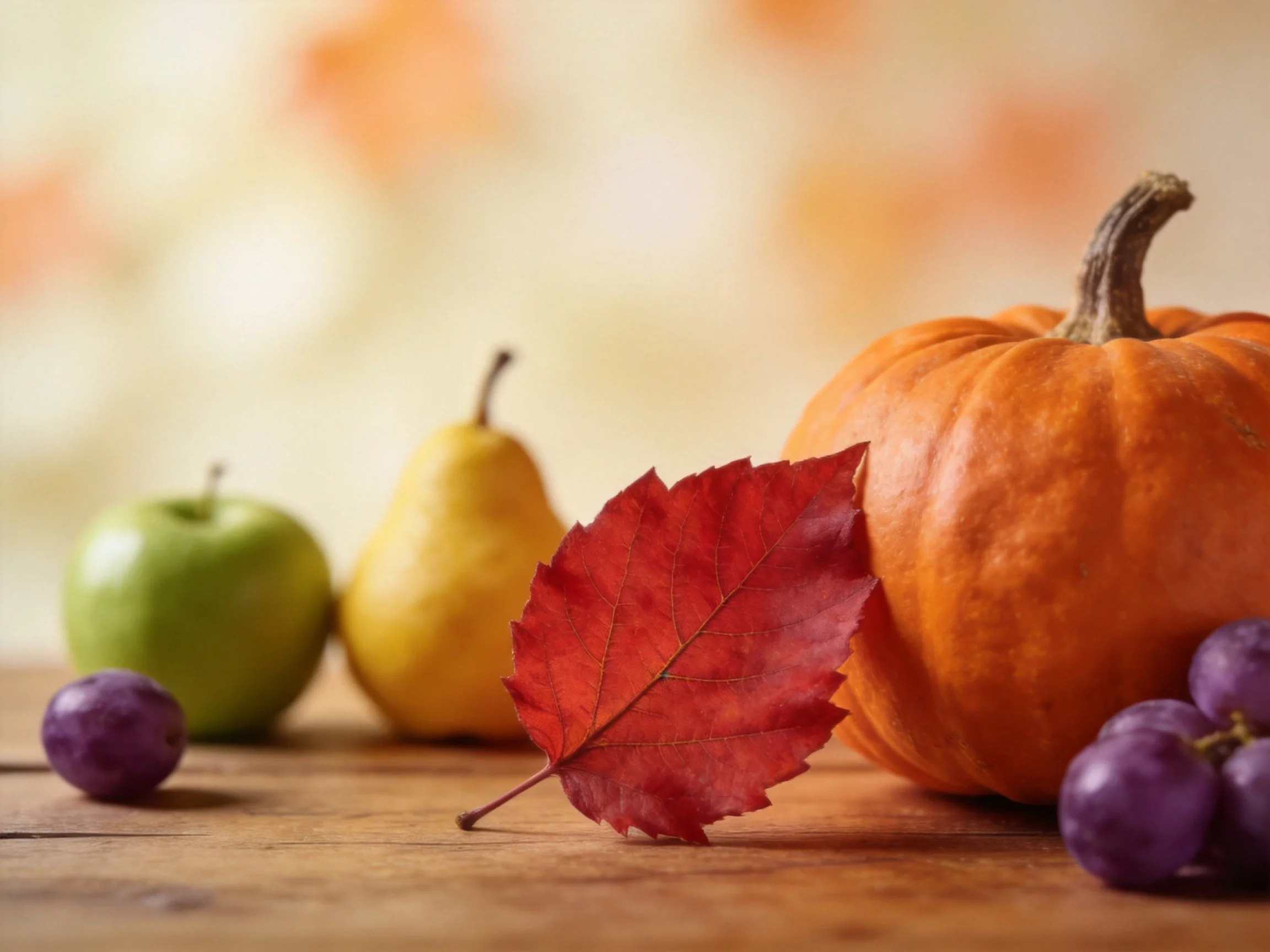 Orange pumpkin, green apple, yellow pear, red leaf, purple grapes on wooden surface