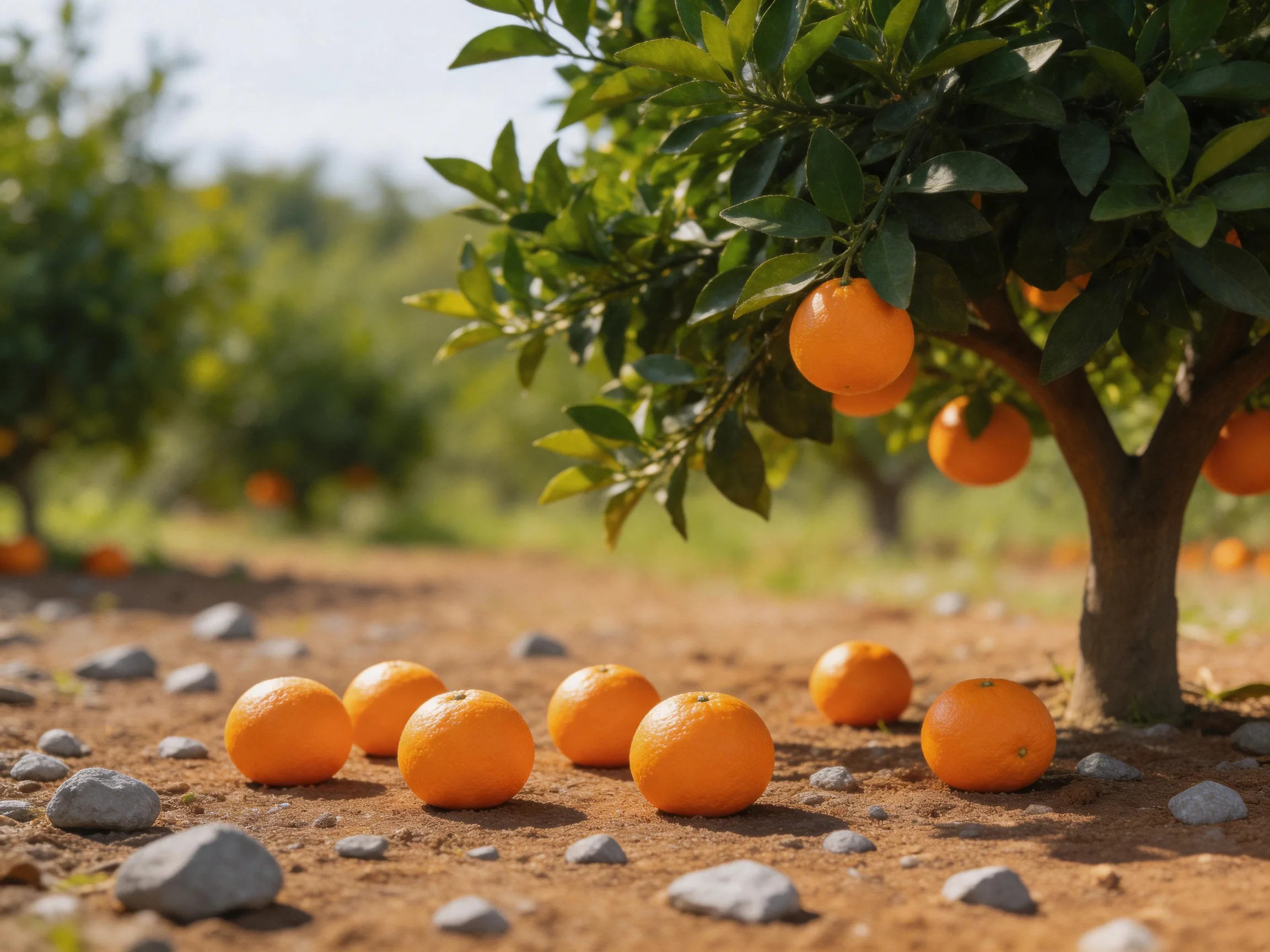 Oranges scattered among rocks near flourishing orange trees