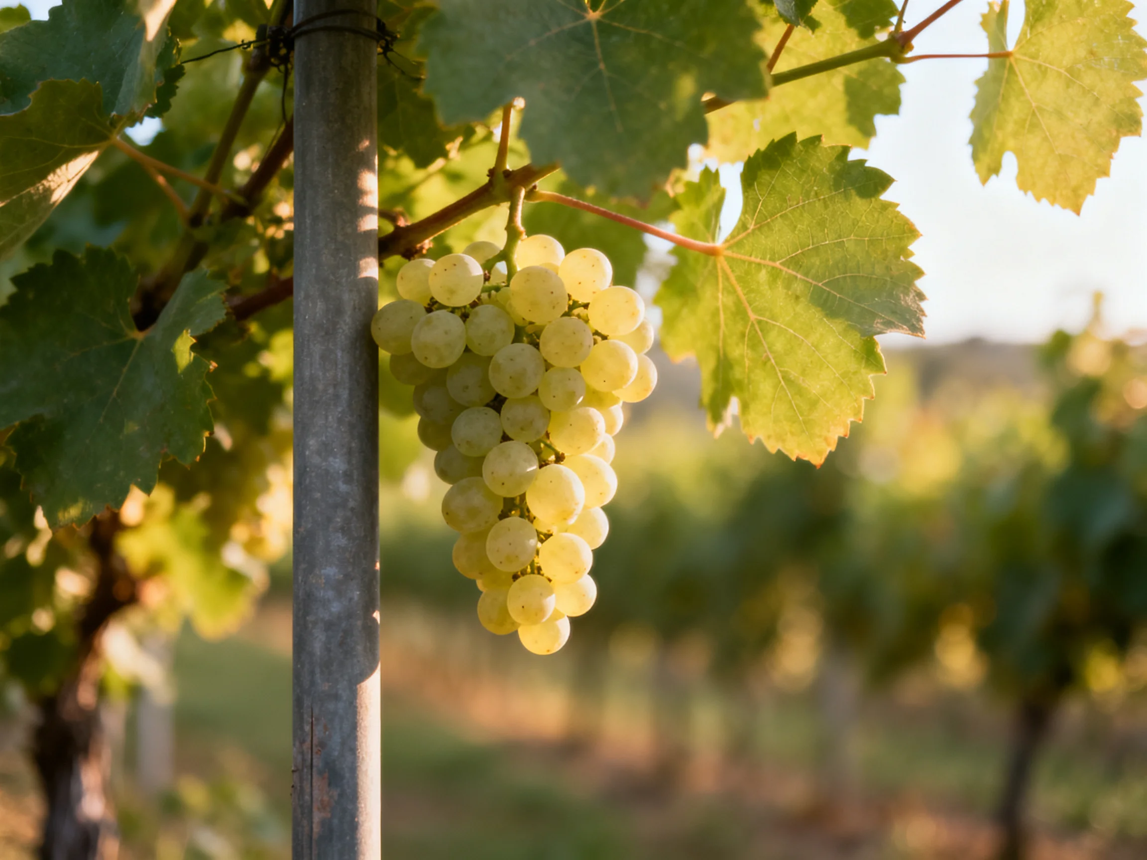 Pale yellow grapes hang from a vine in a sunlit vineyard.