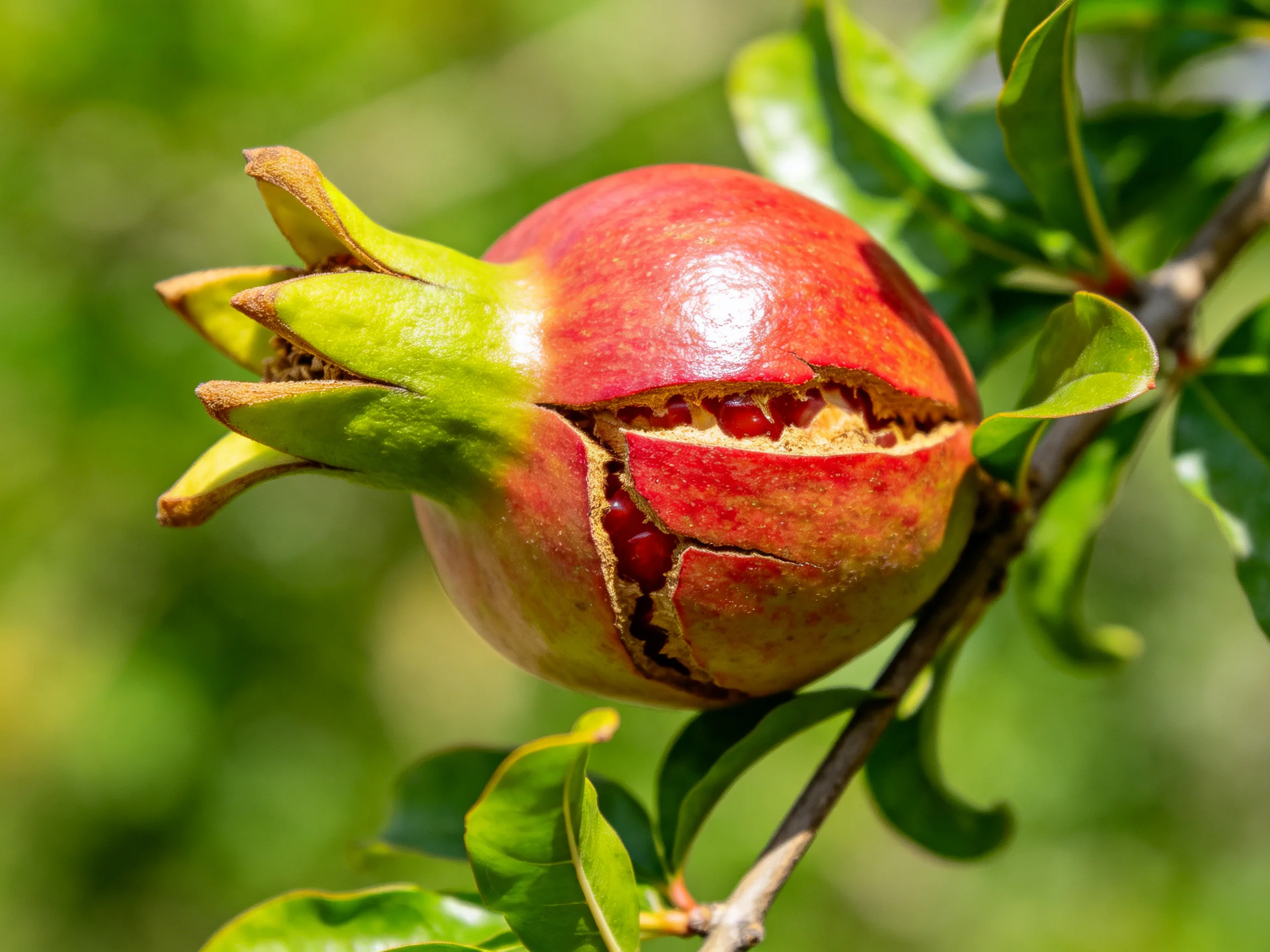 Partially opened pomegranate with red and green on a branch