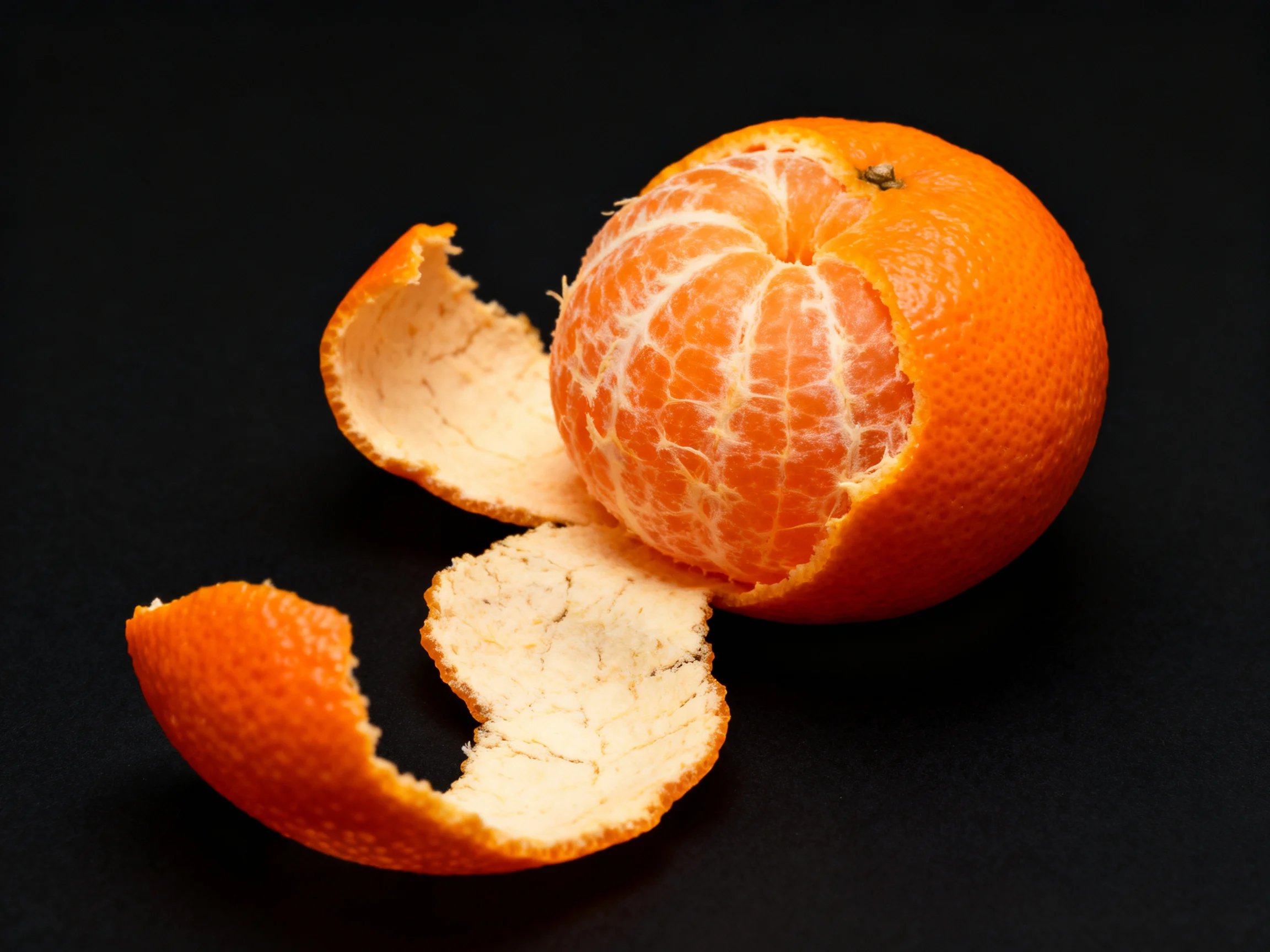Partially peeled vibrant orange citrus fruit on dark background