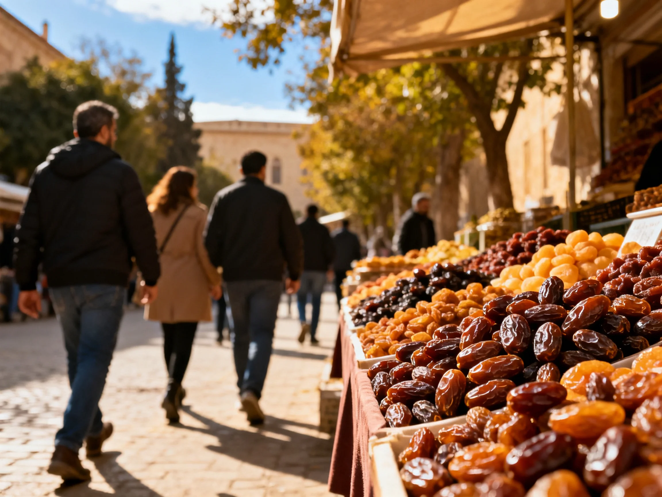 Pedestrians walk past vibrant dried fruit stalls on a sunny street