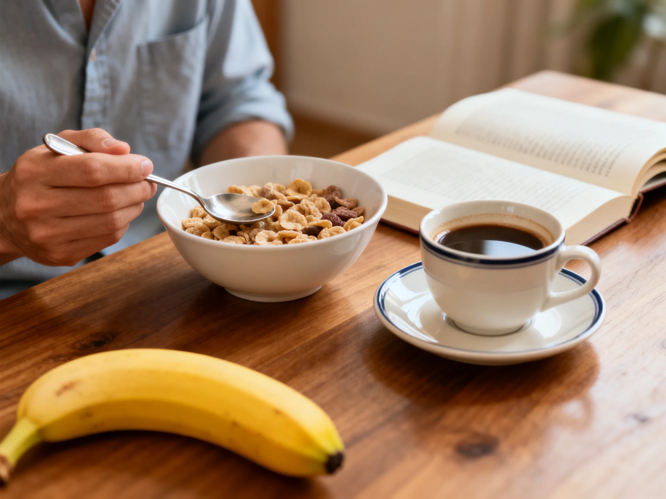 Person enjoys breakfast with cereal, coffee, and banana near open book