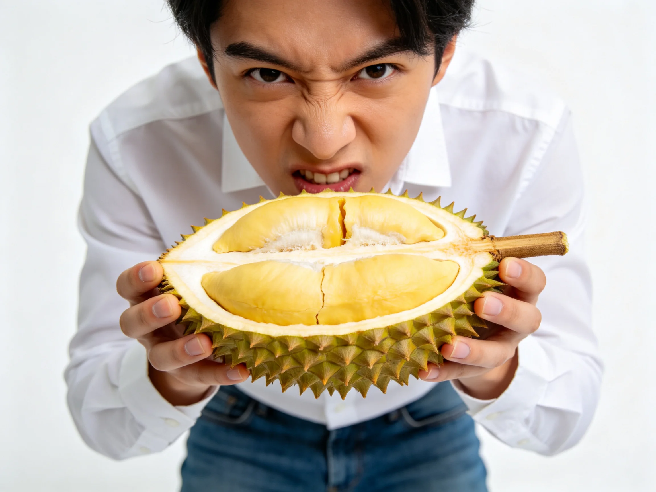 Person holding a halved durian with spiky green exterior and golden flesh