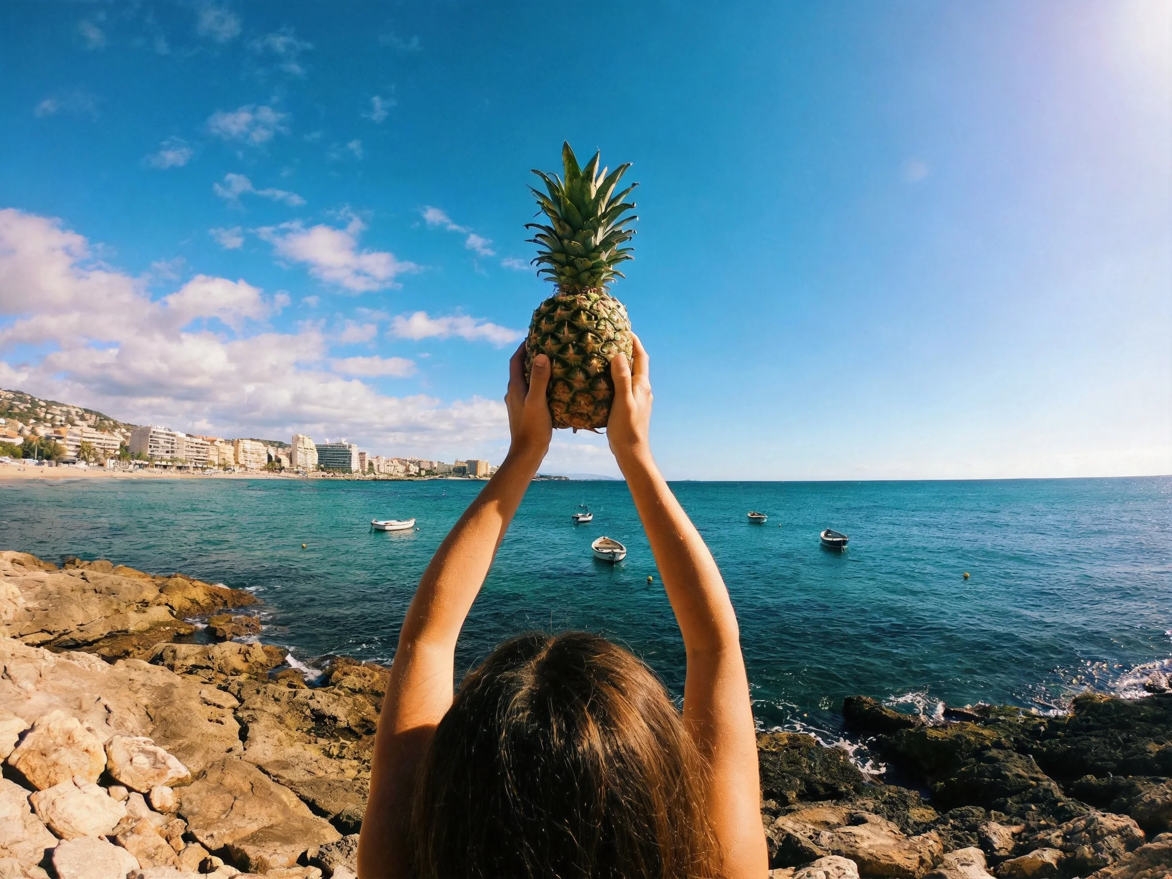 Person holds pineapple by rocky shore with blue ocean