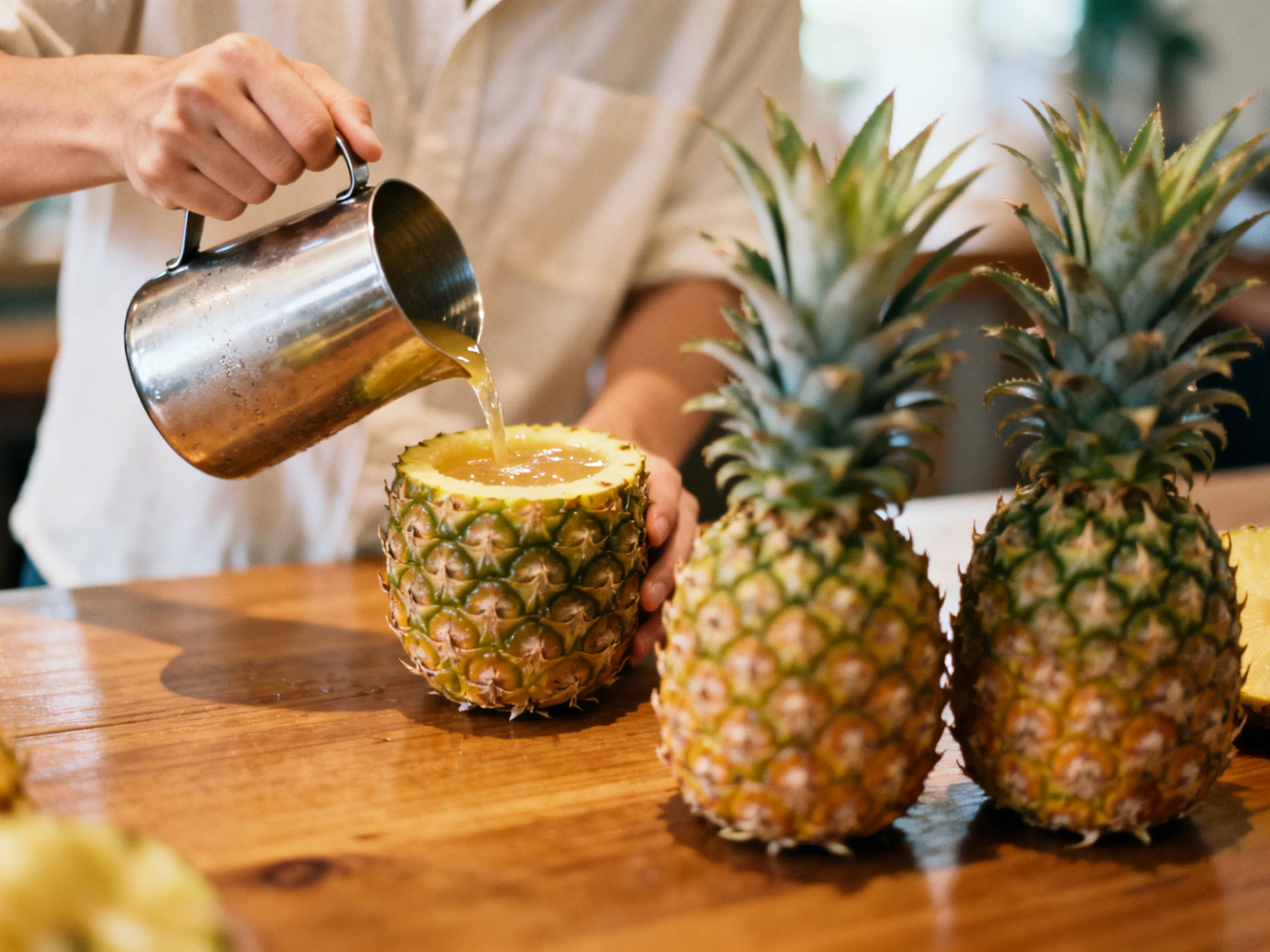 Person pouring liquid into hollowed pineapple near whole pineapples