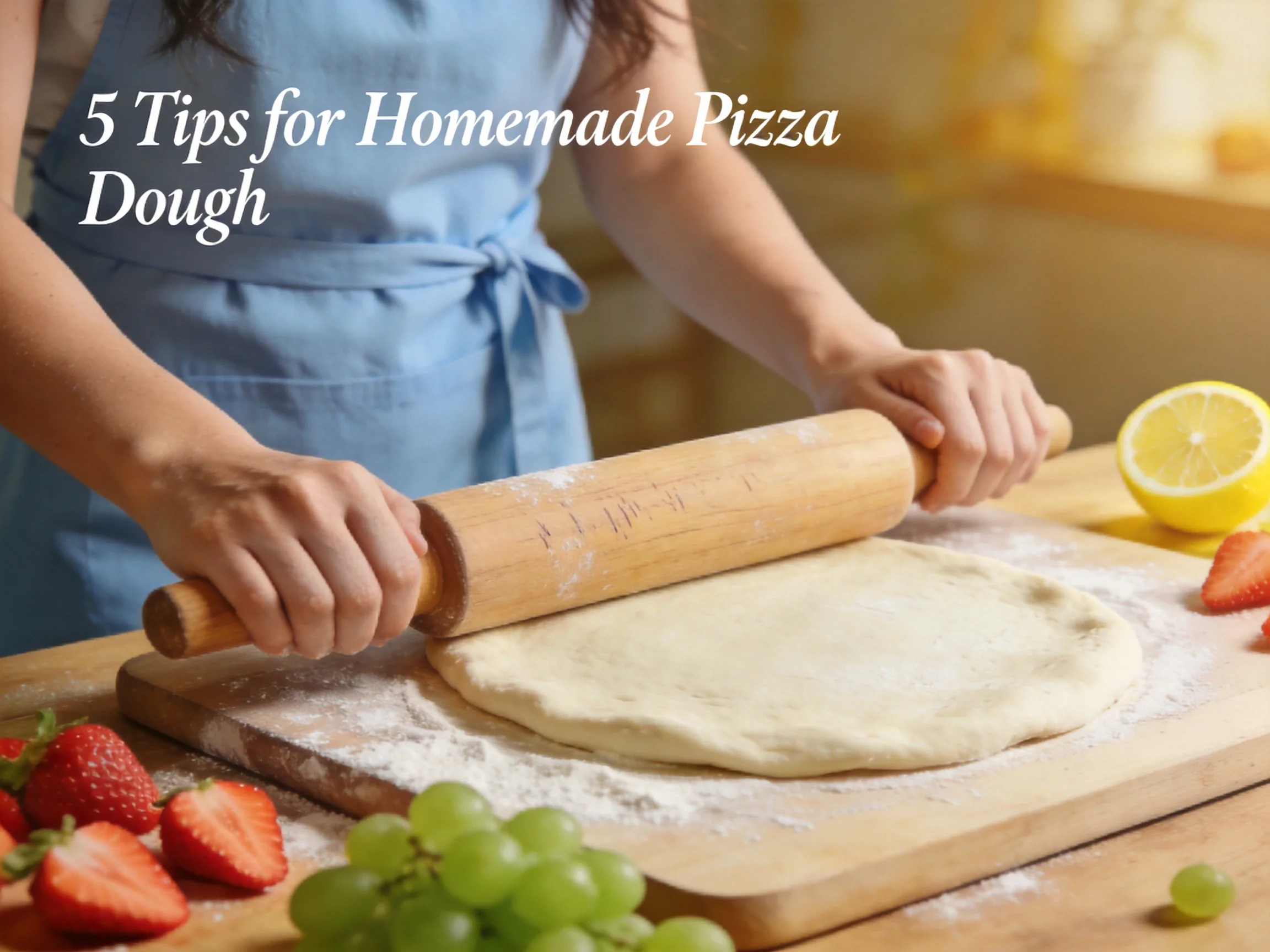 Person rolling pizza dough near strawberries and lemon