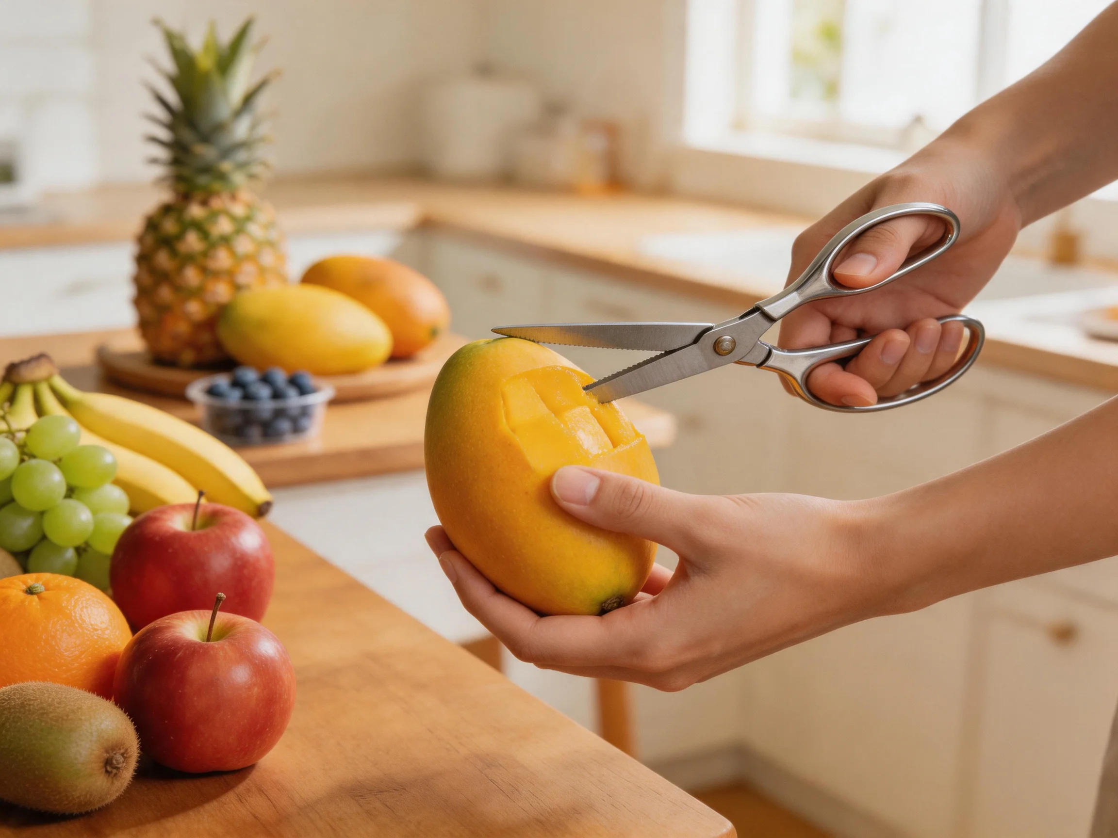Person slicing a yellow mango amid assorted fresh fruits