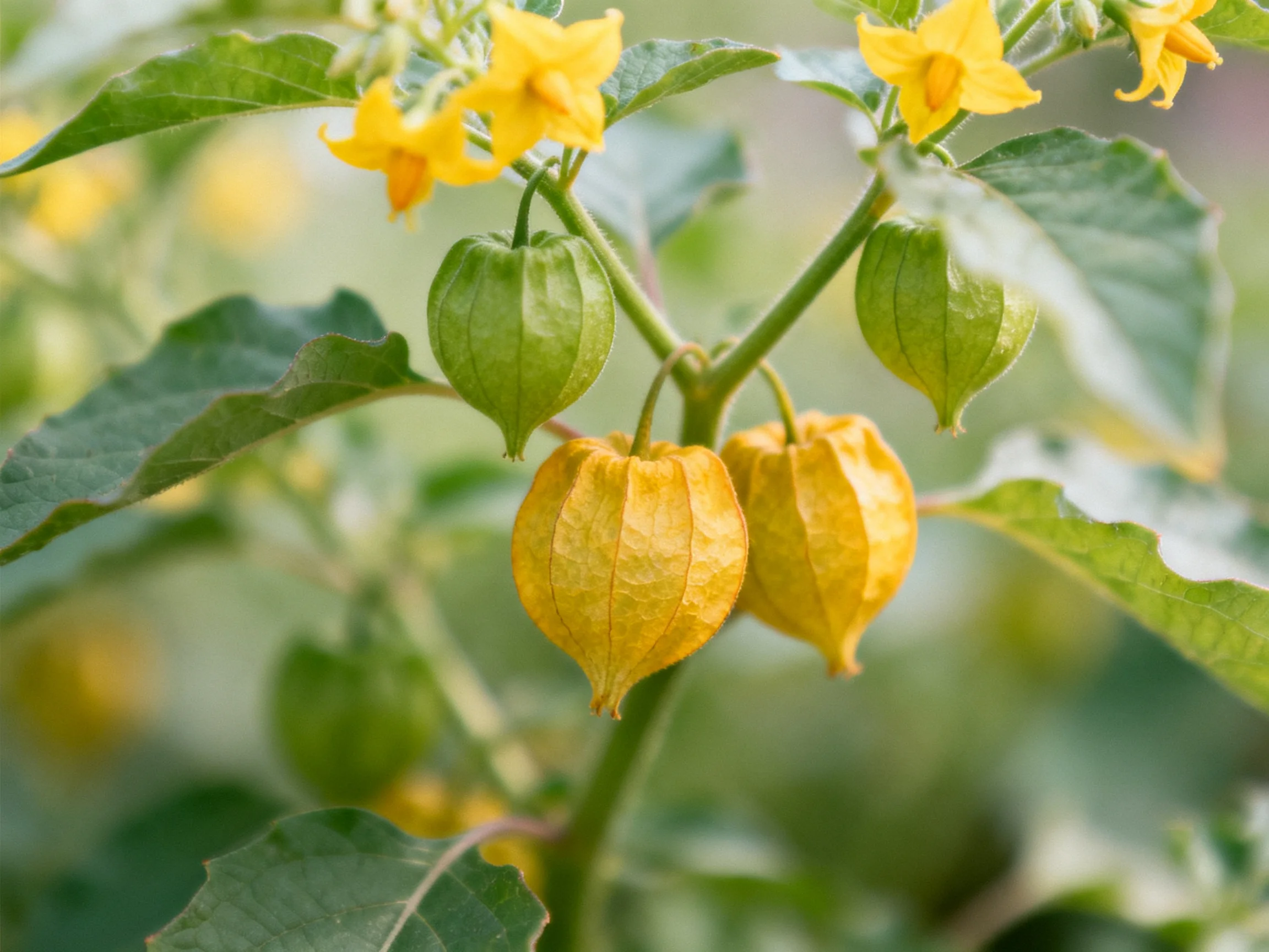 Physalis fruits and yellow flowers on a leafy plant