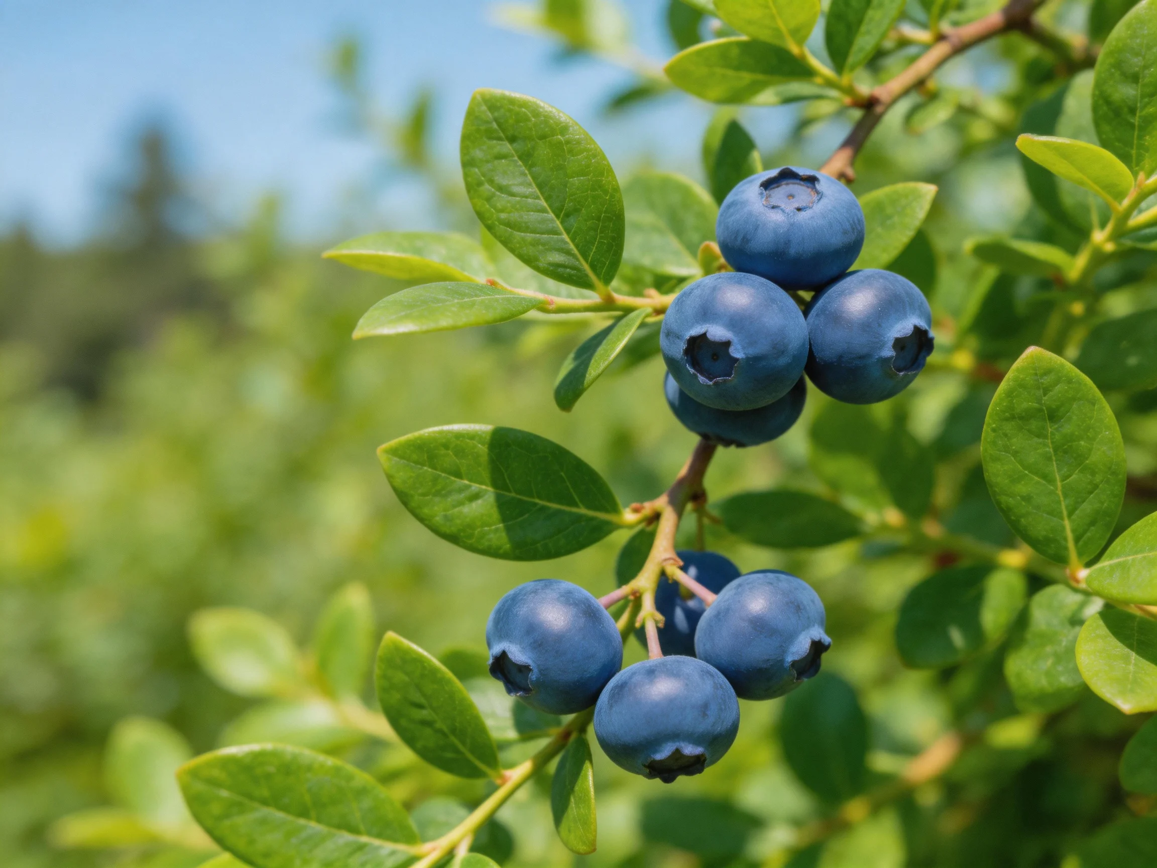 Plump blueberries cluster on a bush with lush green leaves