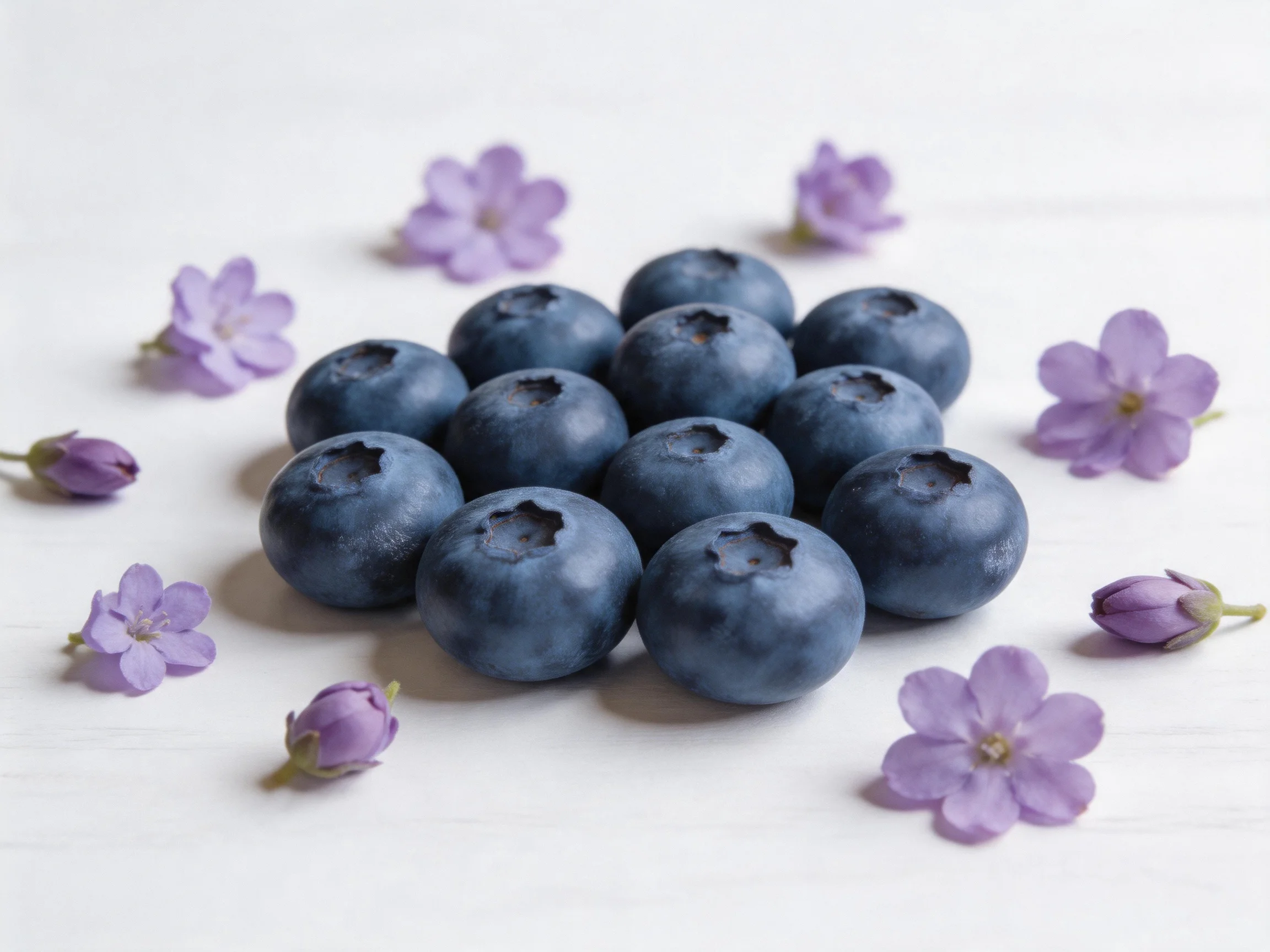 Plump blueberries clustered among scattered purple flowers