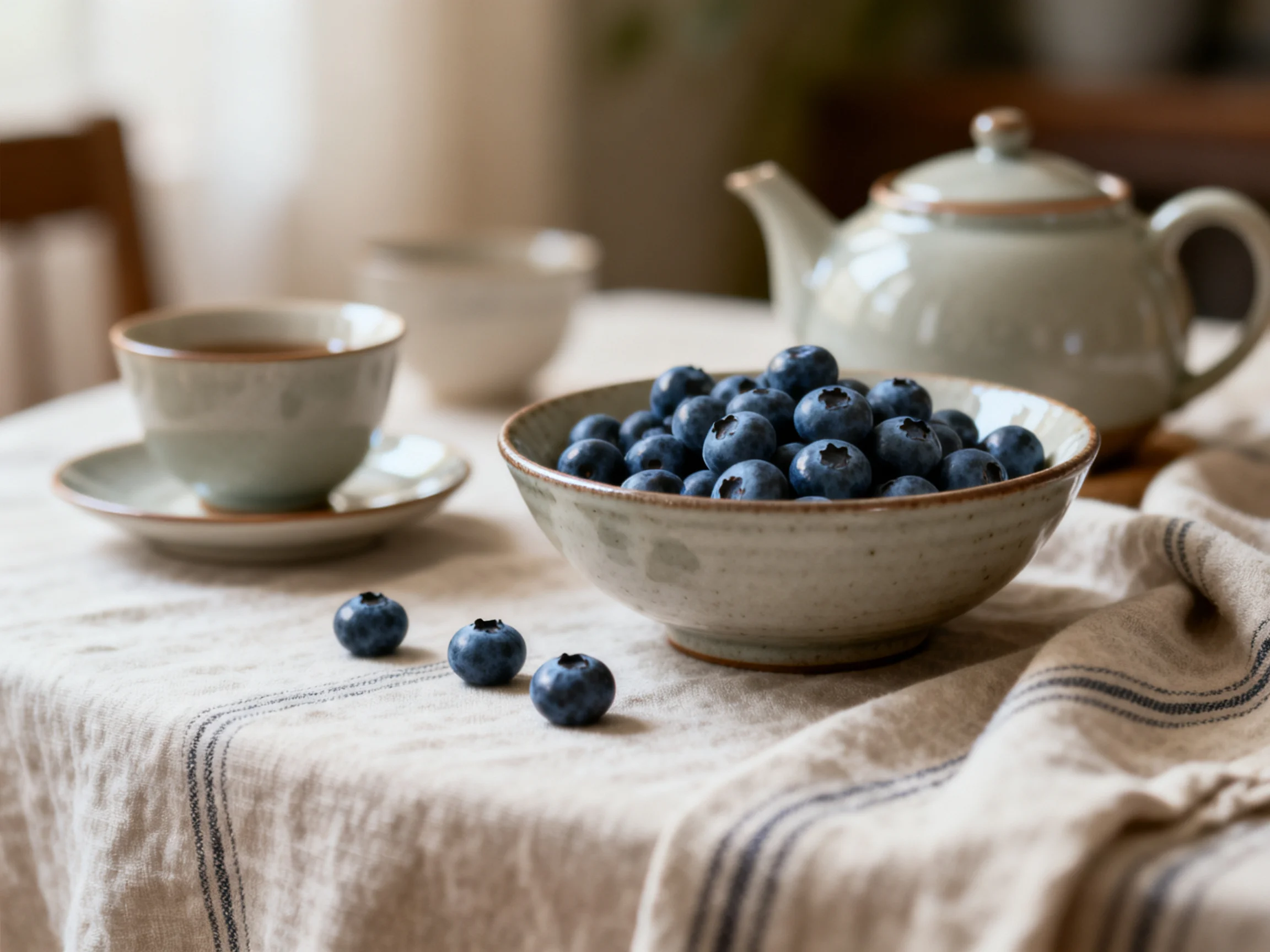 Plump blueberries fill a bowl near ceramic teaware on a striped cloth