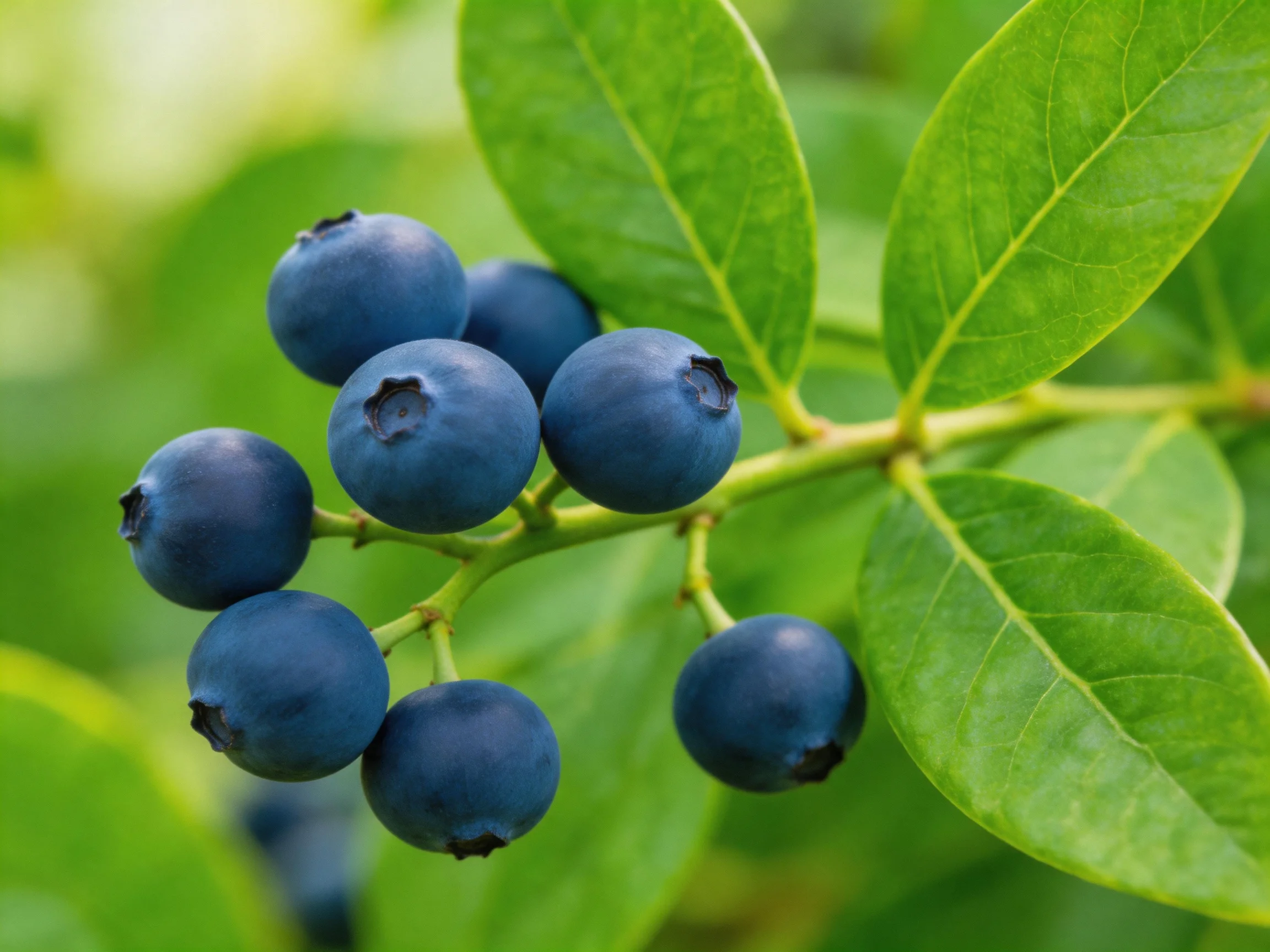 Plump dark blue berries clustered among vibrant green leaves