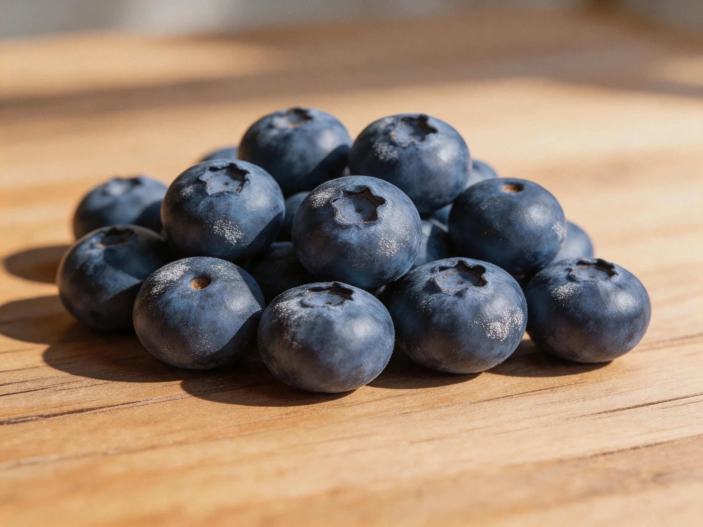 Plump dark-blue blueberries clustered on a wooden surface