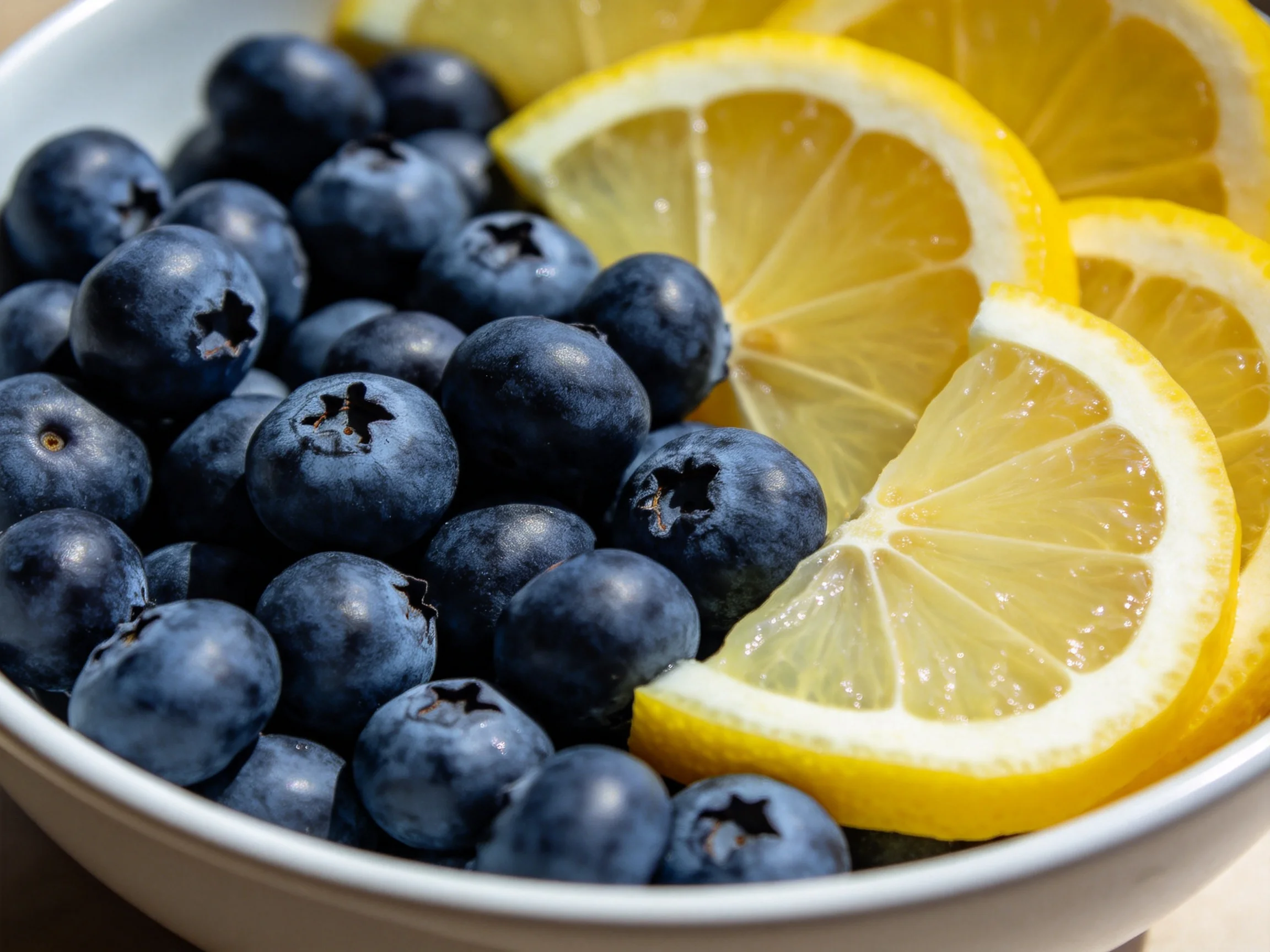 Plump dark blueberries and vibrant yellow lemon slices in a white bowl