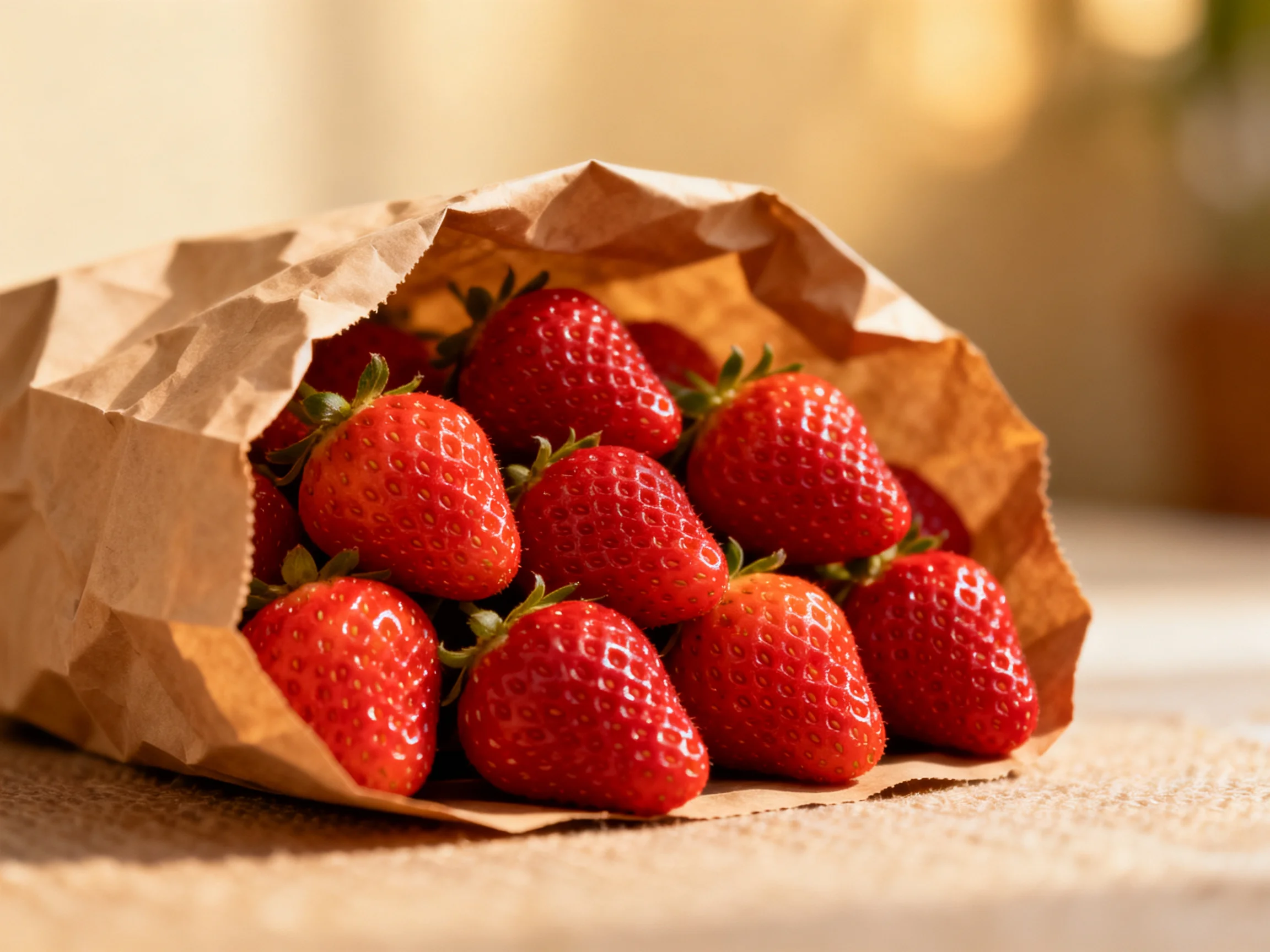 Plump red strawberries spilling from a brown paper bag
