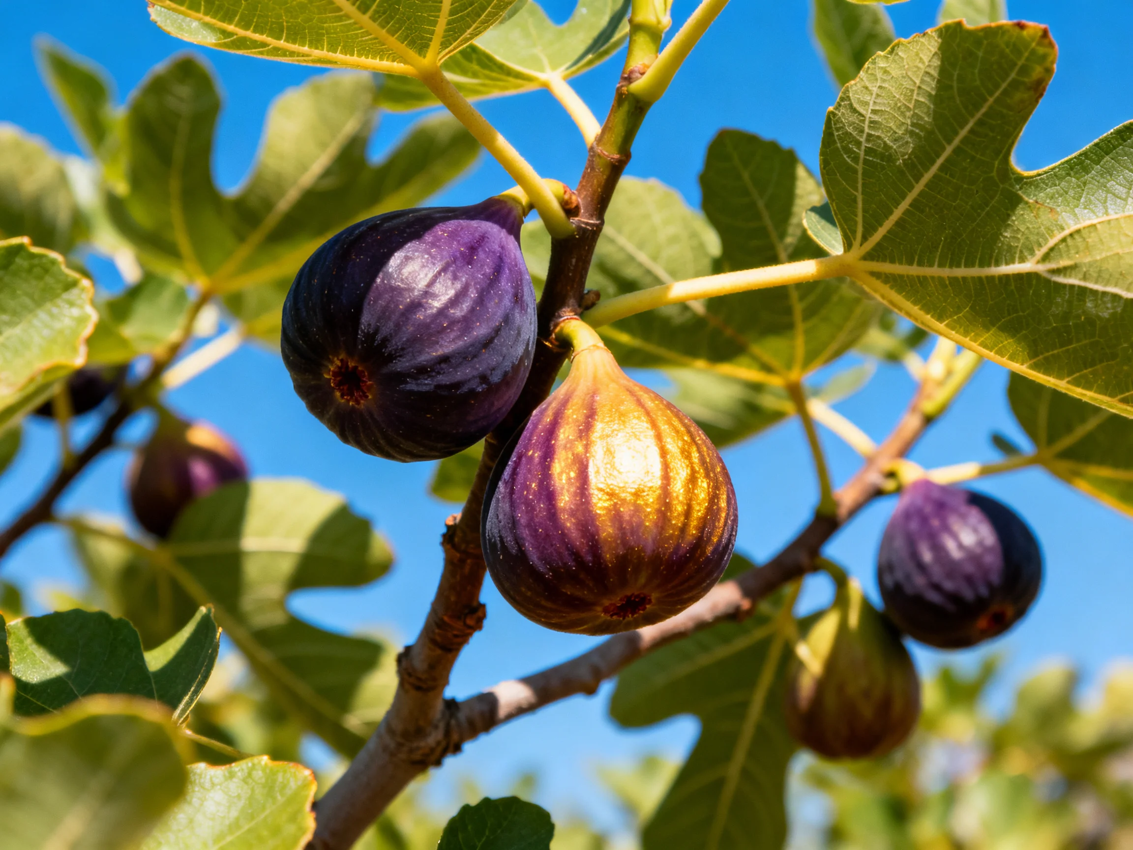 Purple and golden figs grow on a leafy fig tree under a bright blue sky