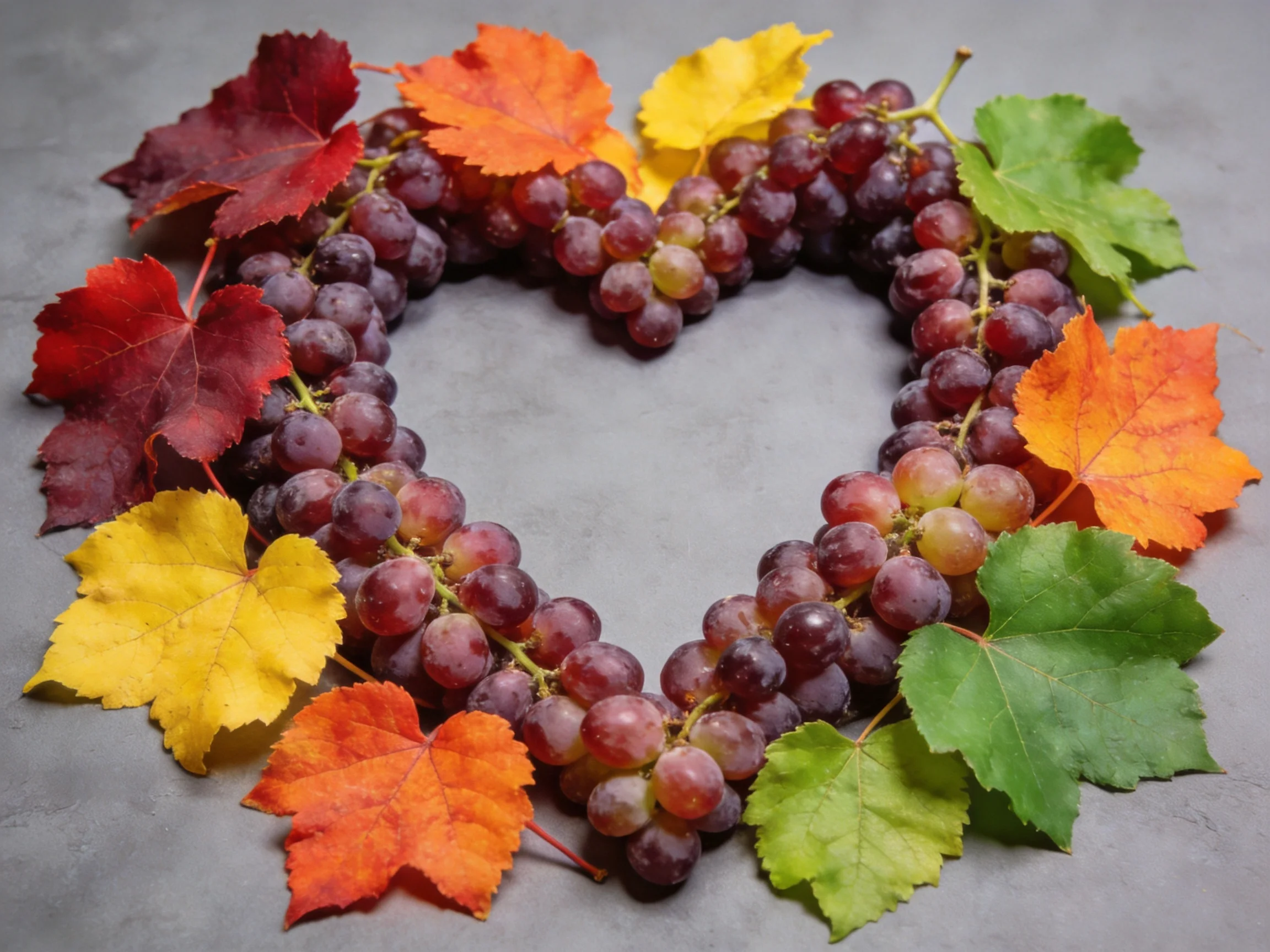 Purple grapes form a heart surrounded by colorful autumn leaves