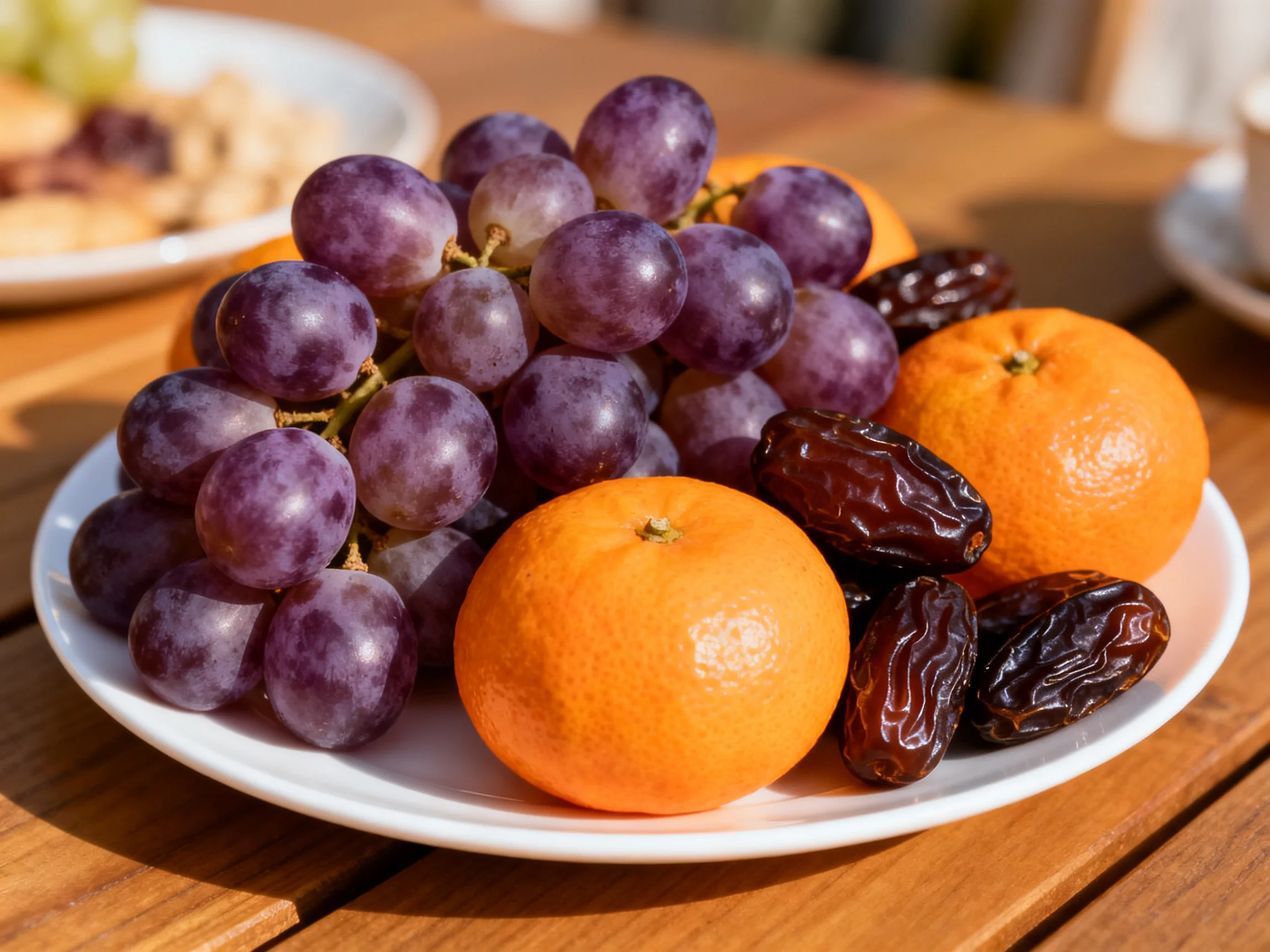 Purple grapes, orange tangerines, and dark dates arranged on a white plate