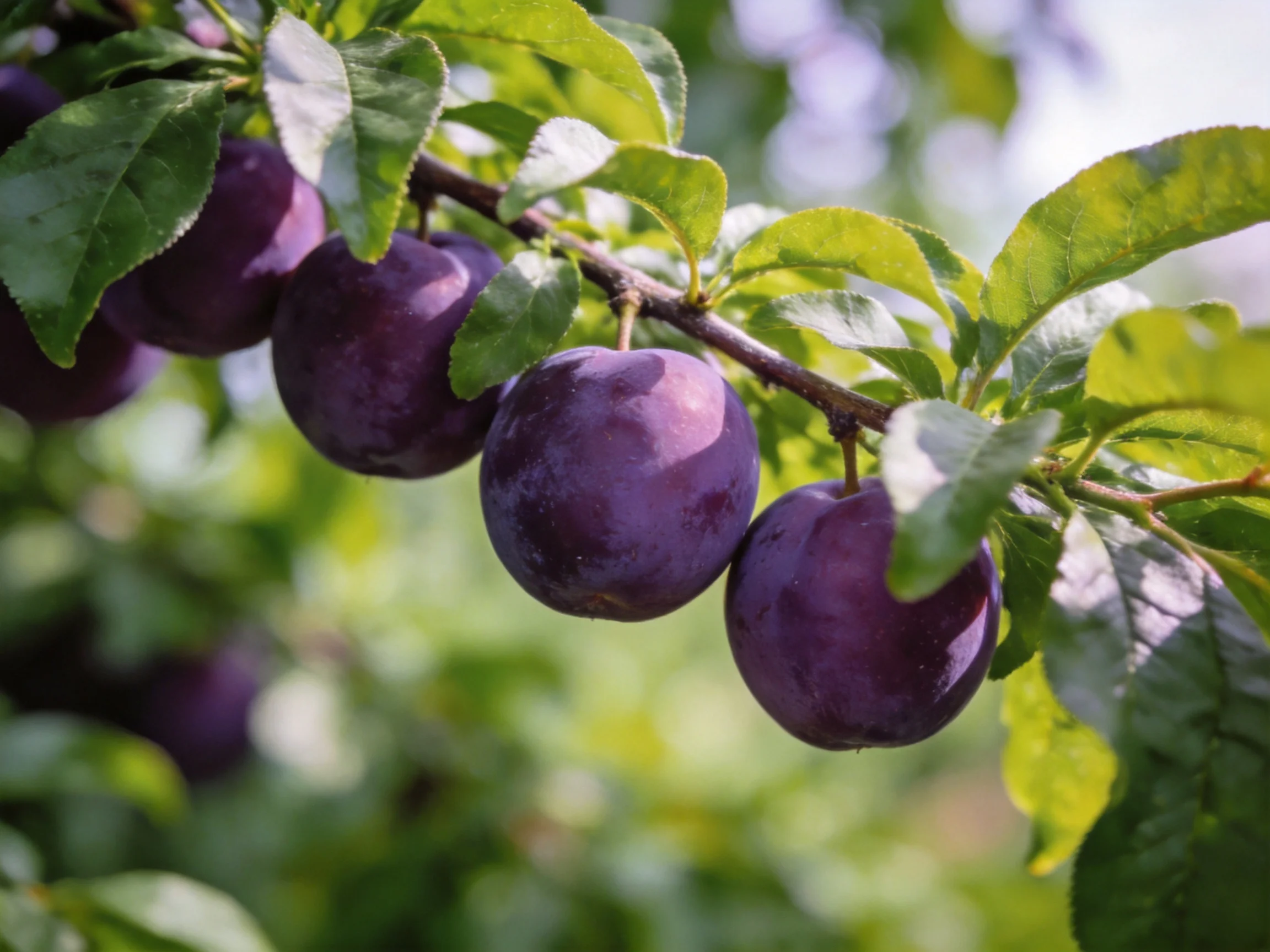 Purple plums hang from a tree branch amid green foliage