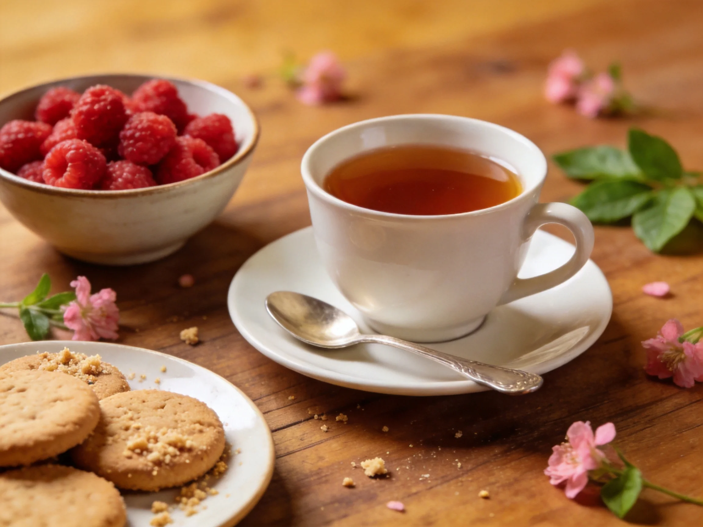 Raspberries, teacup, cookies, and pink flowers on a wooden table