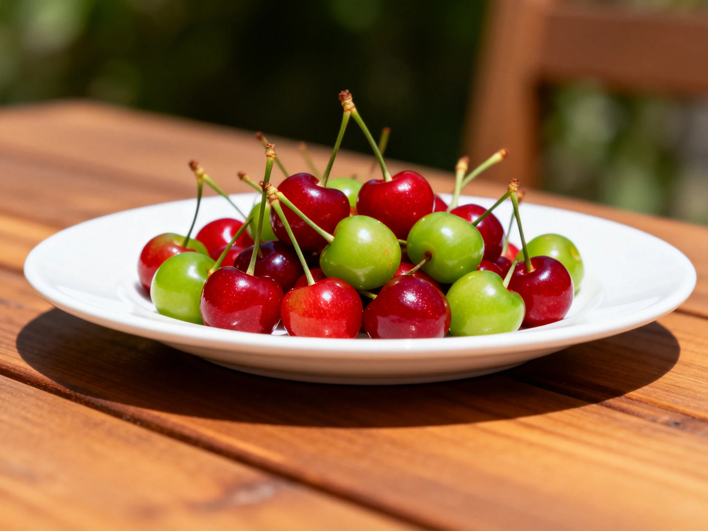 Red and green cherries arranged on a white plate atop a wooden table