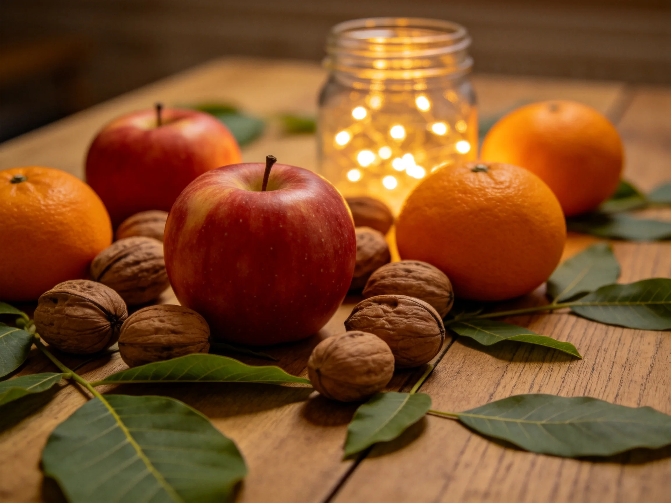 Red apples, orange fruits, walnuts, green leaves, and a lit jar on a wooden table